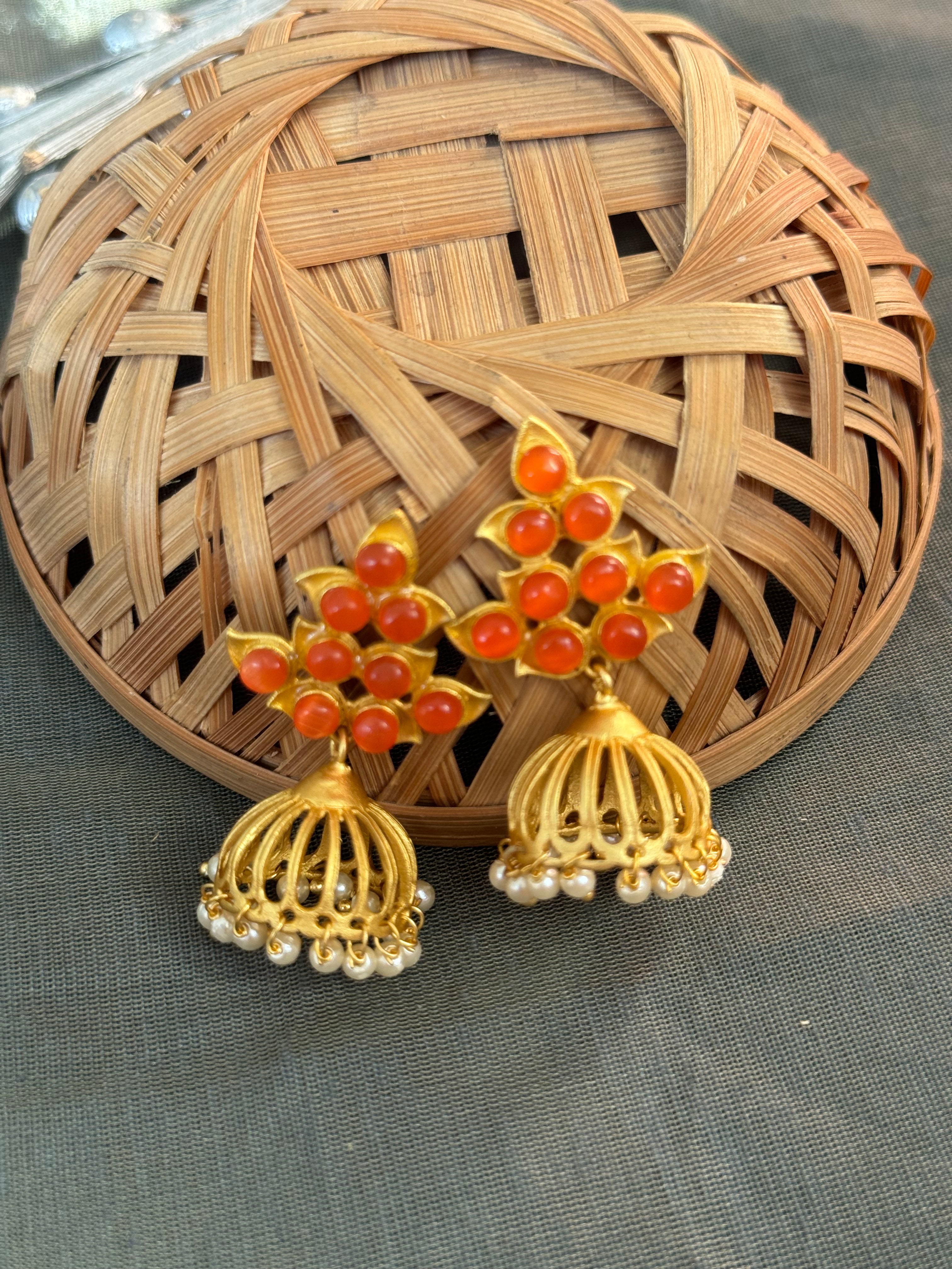 Orange Stone Gold Matte Jhumki Earrings