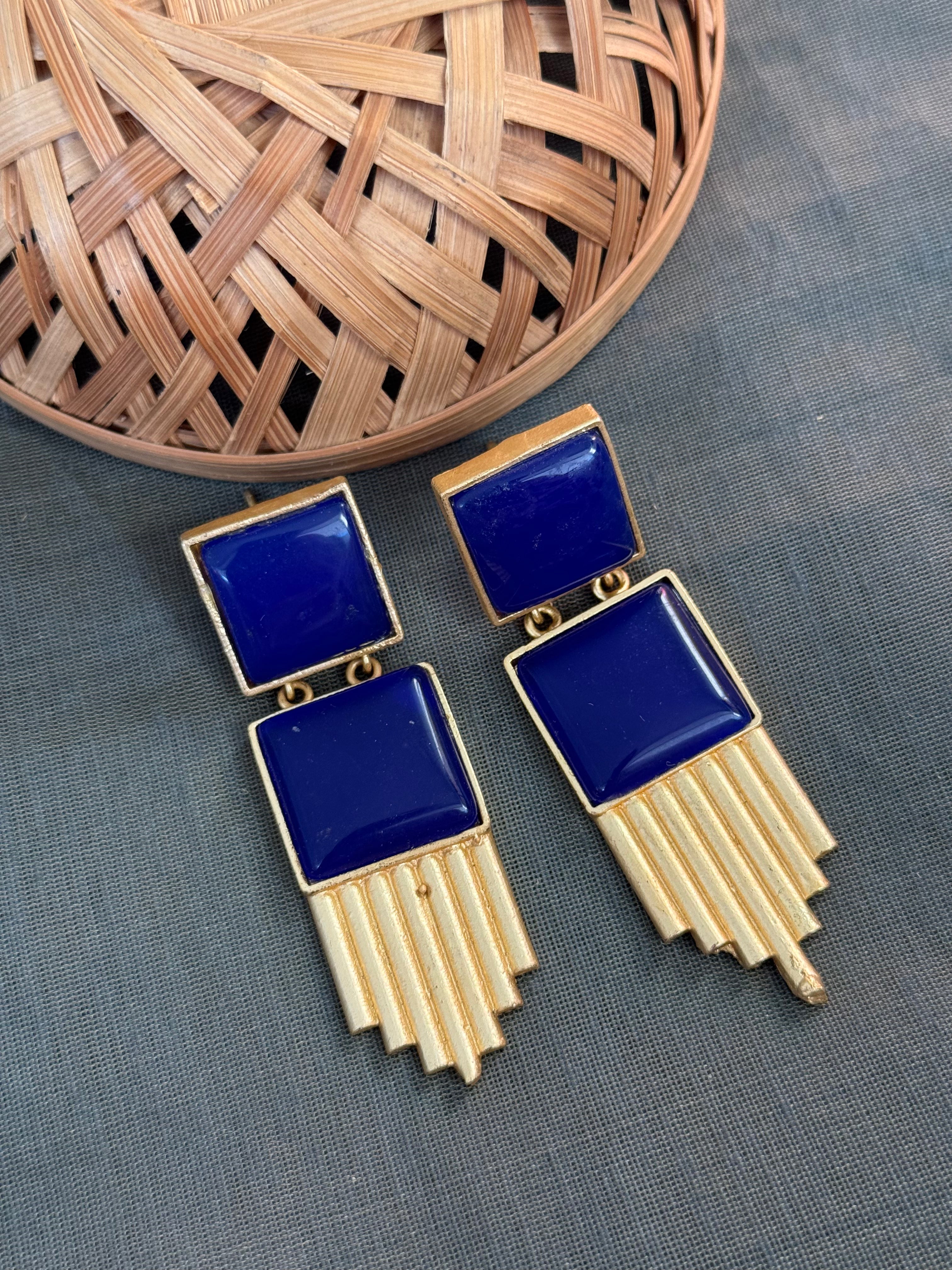 Dark Blue Stone Gold Matte Earrings