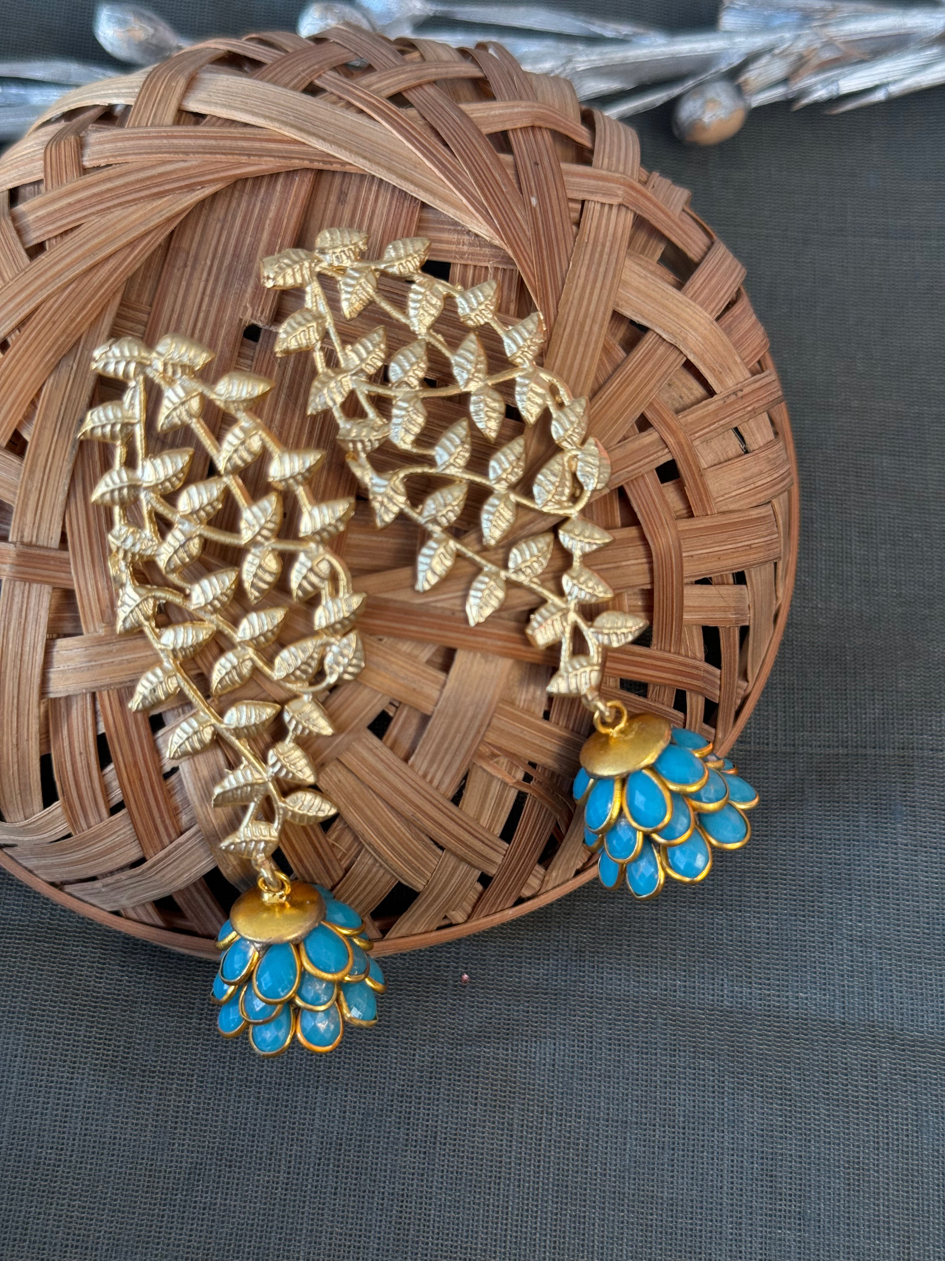 Turquoise Paachi Jhumki Gold Matte Leaf Earrings