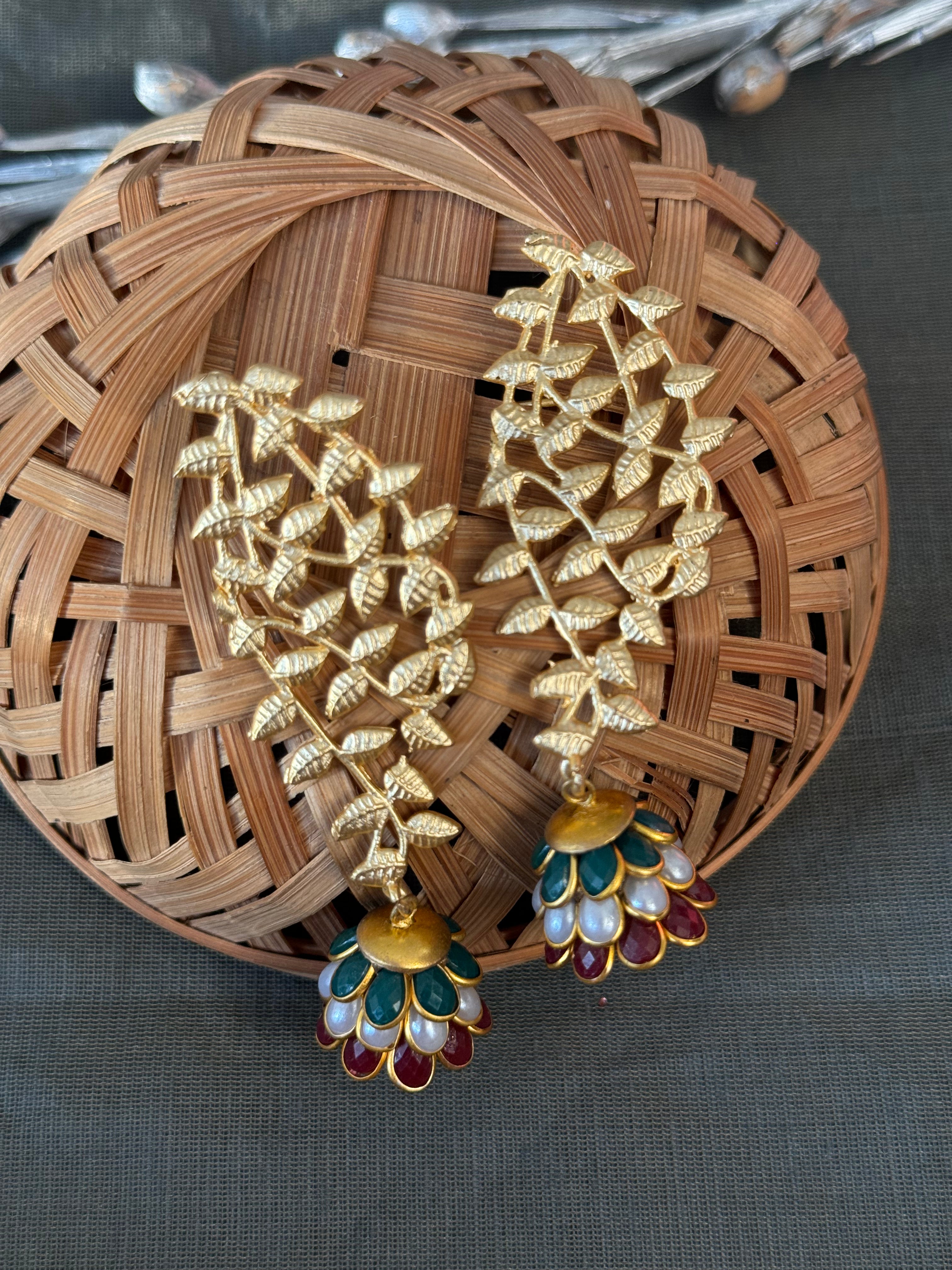 Multicolor Paachi Jhumki Gold Matte Leaf Earrings