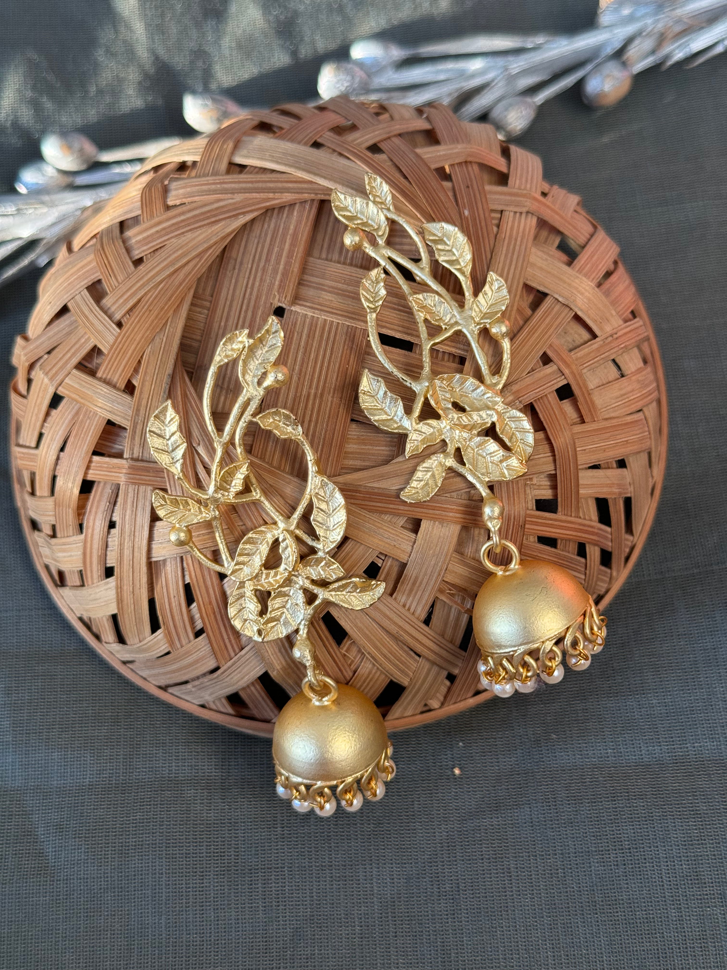 Leaf Gold Matte Jhumki Earrings