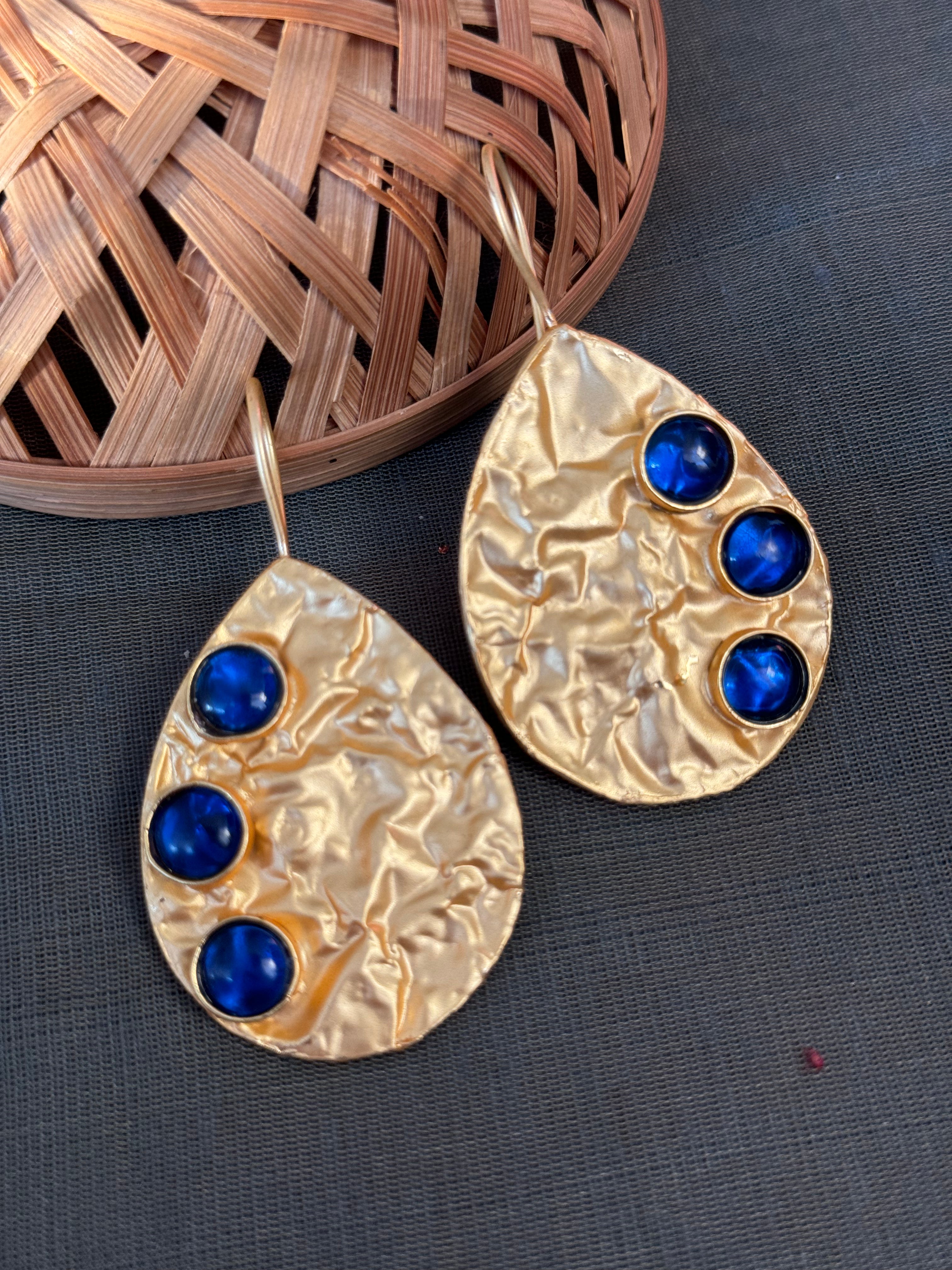 Dark Blue Stone Drop Matte Gold Earrings