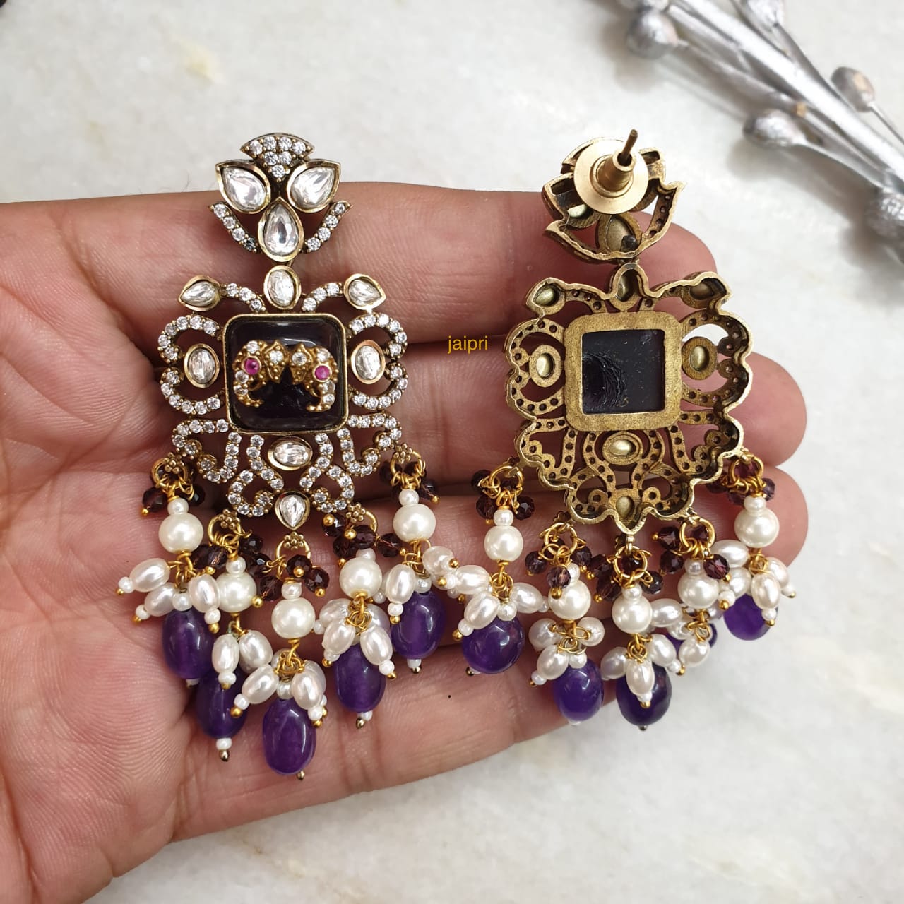 Kundan AD Fusion Purple Earrings