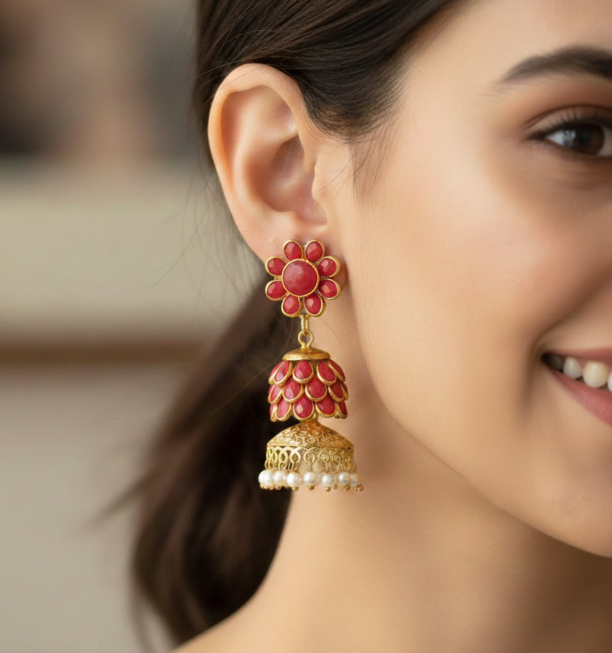 Red Floral Golden Jhumka Earrings