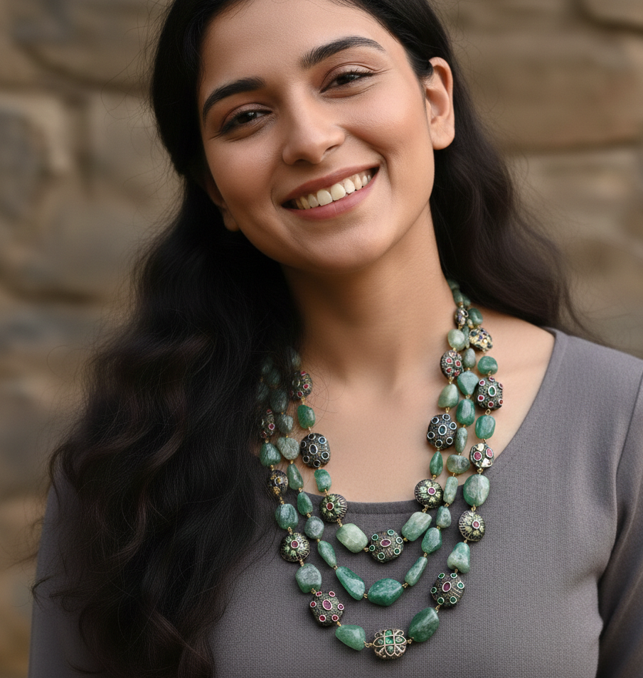 Emerald Semi Precious Stone Anitque Beaded Necklace