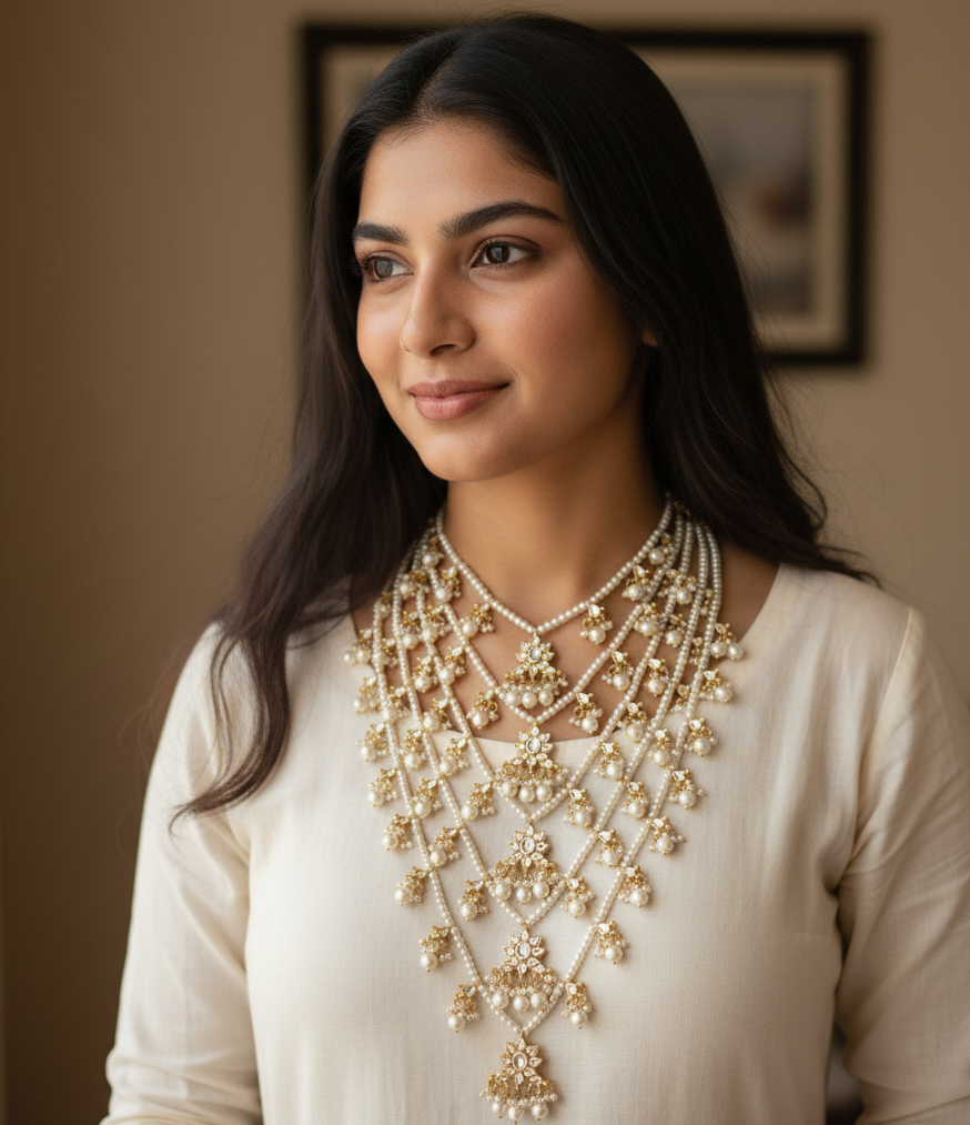 Floral Kundan Multilayered Pearl Beads Necklace With Earrings