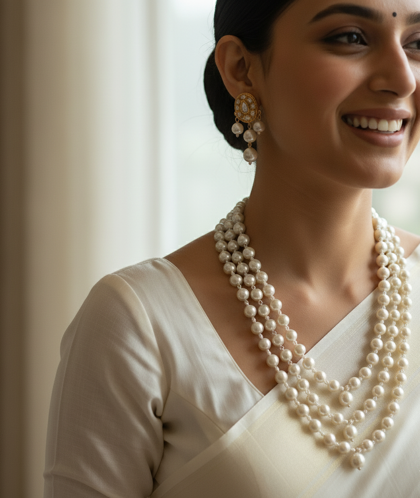 Premium Shell Pearl Beads Necklace With Earrings