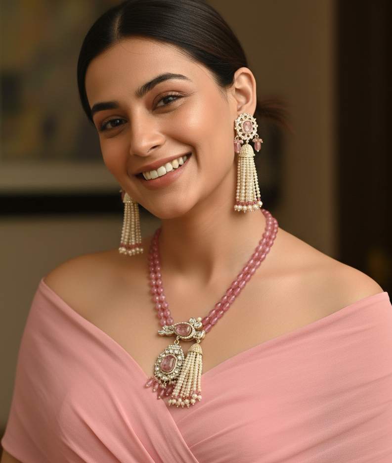 Pink Stone Kundan Polki Bird Pendant Set