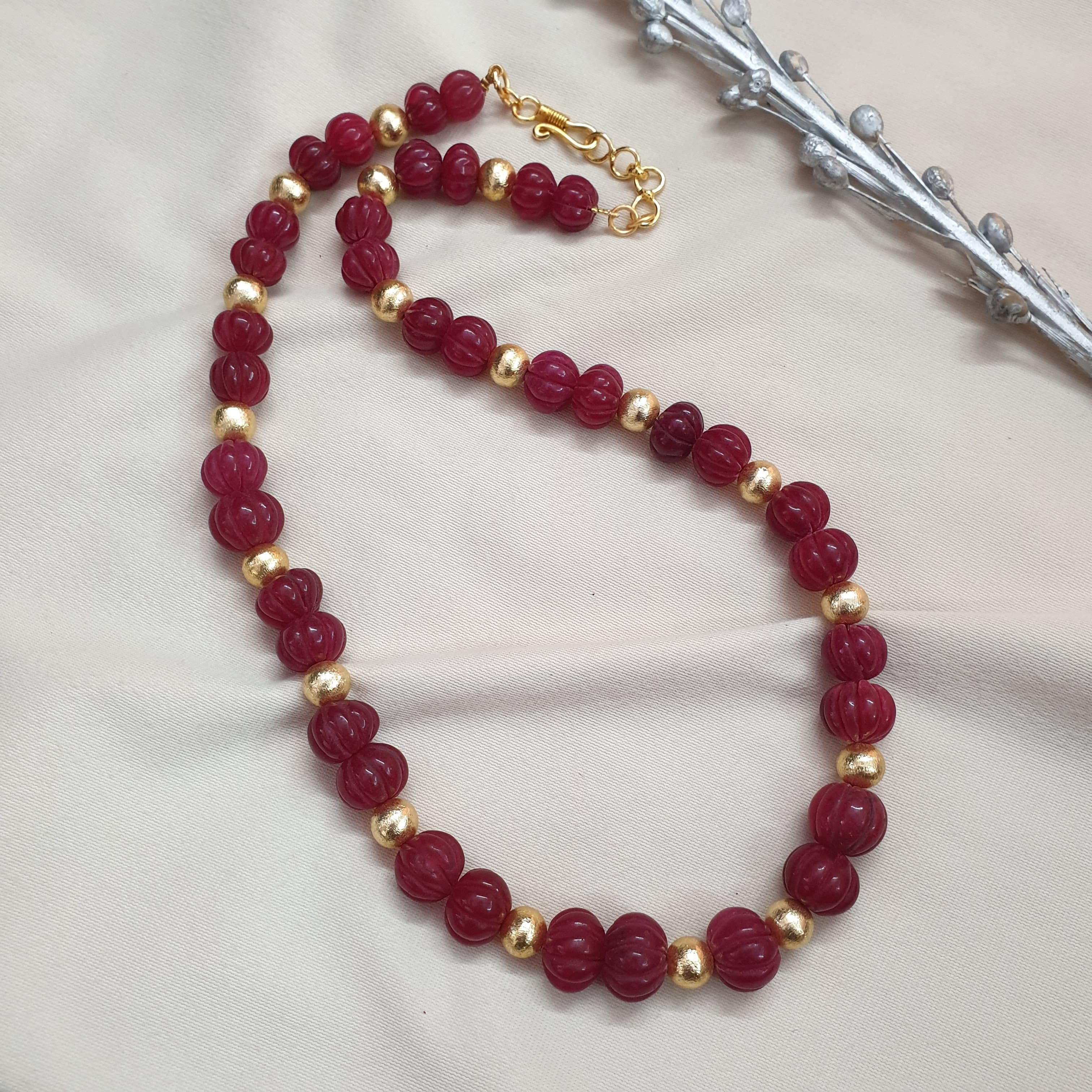 Ruby Red Pumpkin Stone Gold Bead Long Necklace – Jaipri