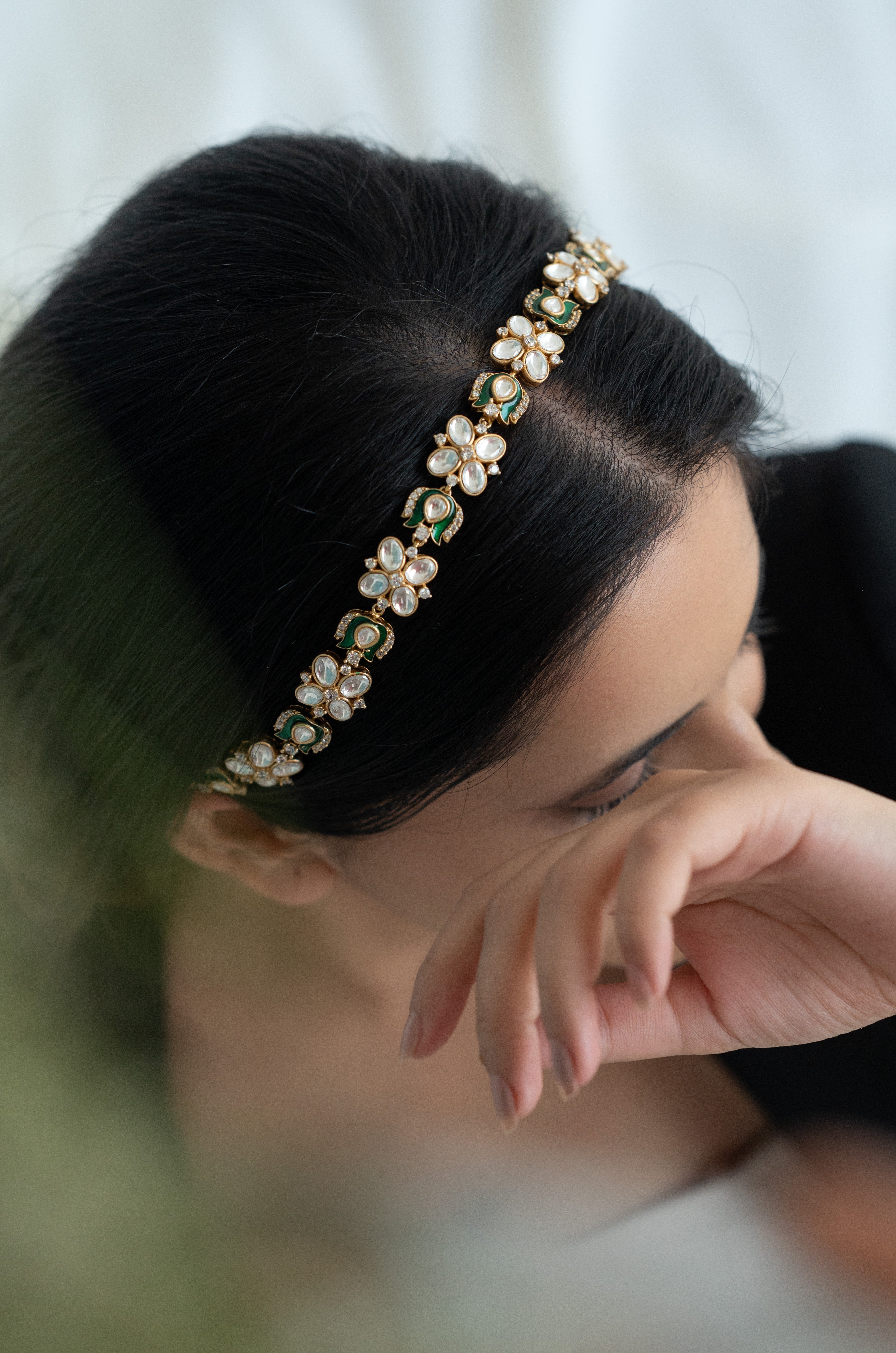 Green Kundan and Meenakari Floral Headband
