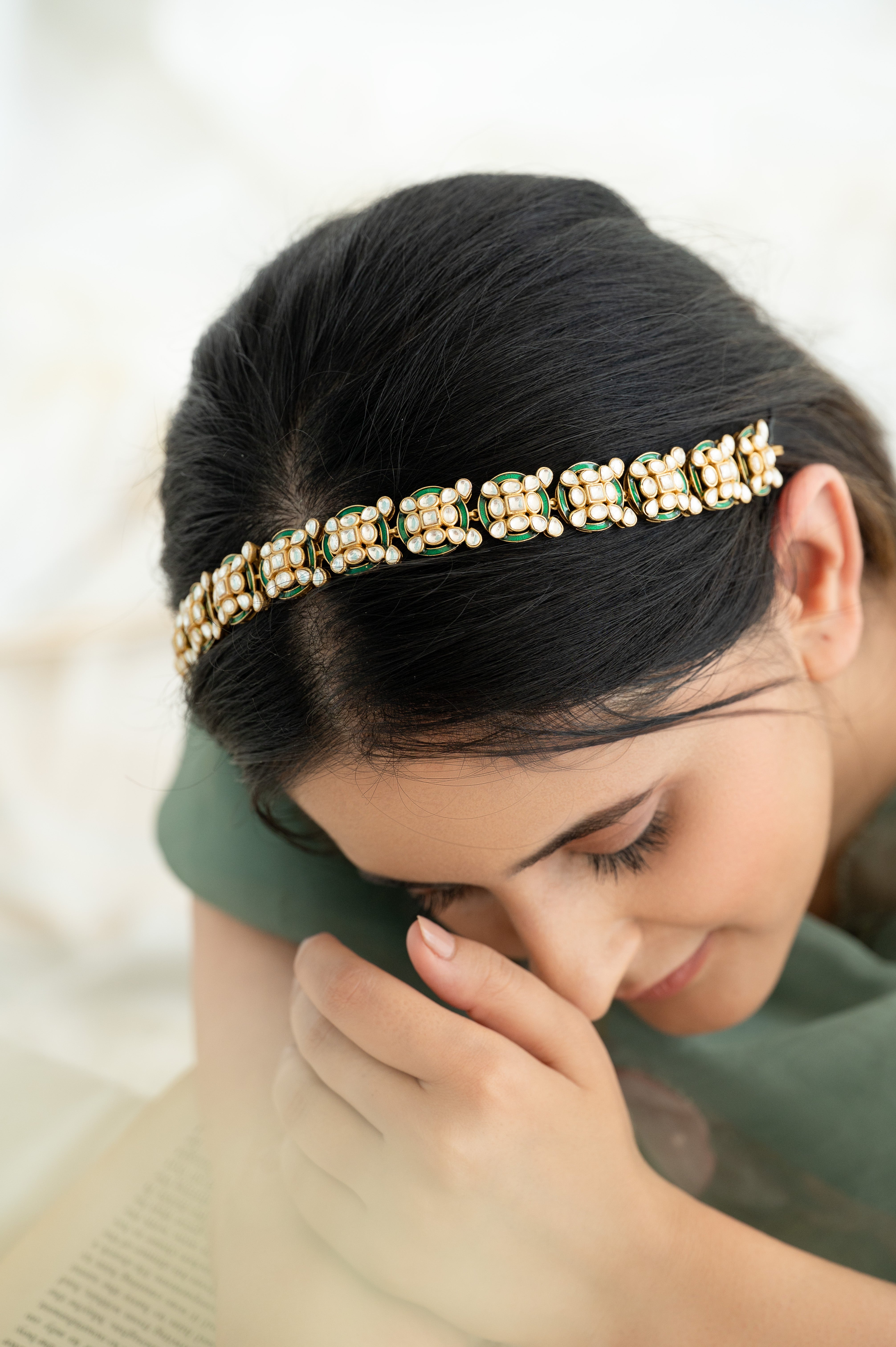 Gold and Green Kundan Headband Bridal and Festive Matha Patti