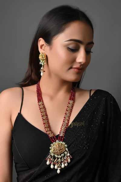 Temple Jewelry Design Ruby & Pearl Stone Necklace With Earrings