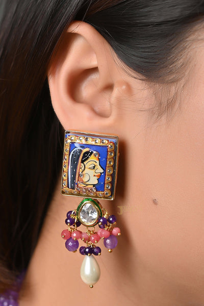 Radha-Krishna Painting & Pearl Stone Kundan Necklace With Earrings