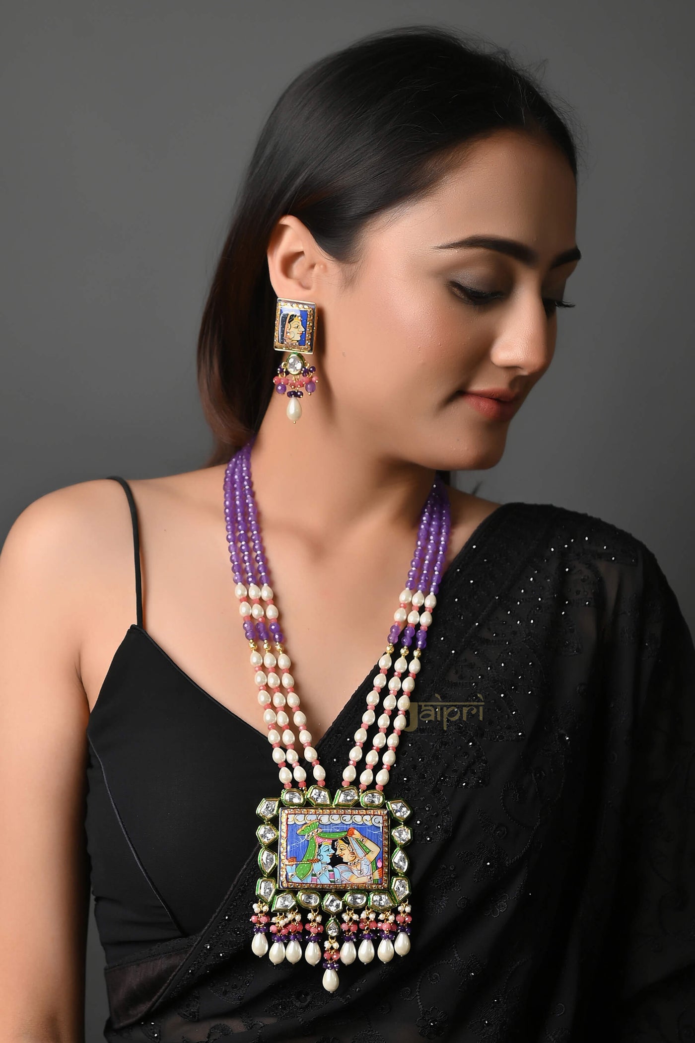 Radha-Krishna Painting & Pearl Stone Kundan Necklace With Earrings