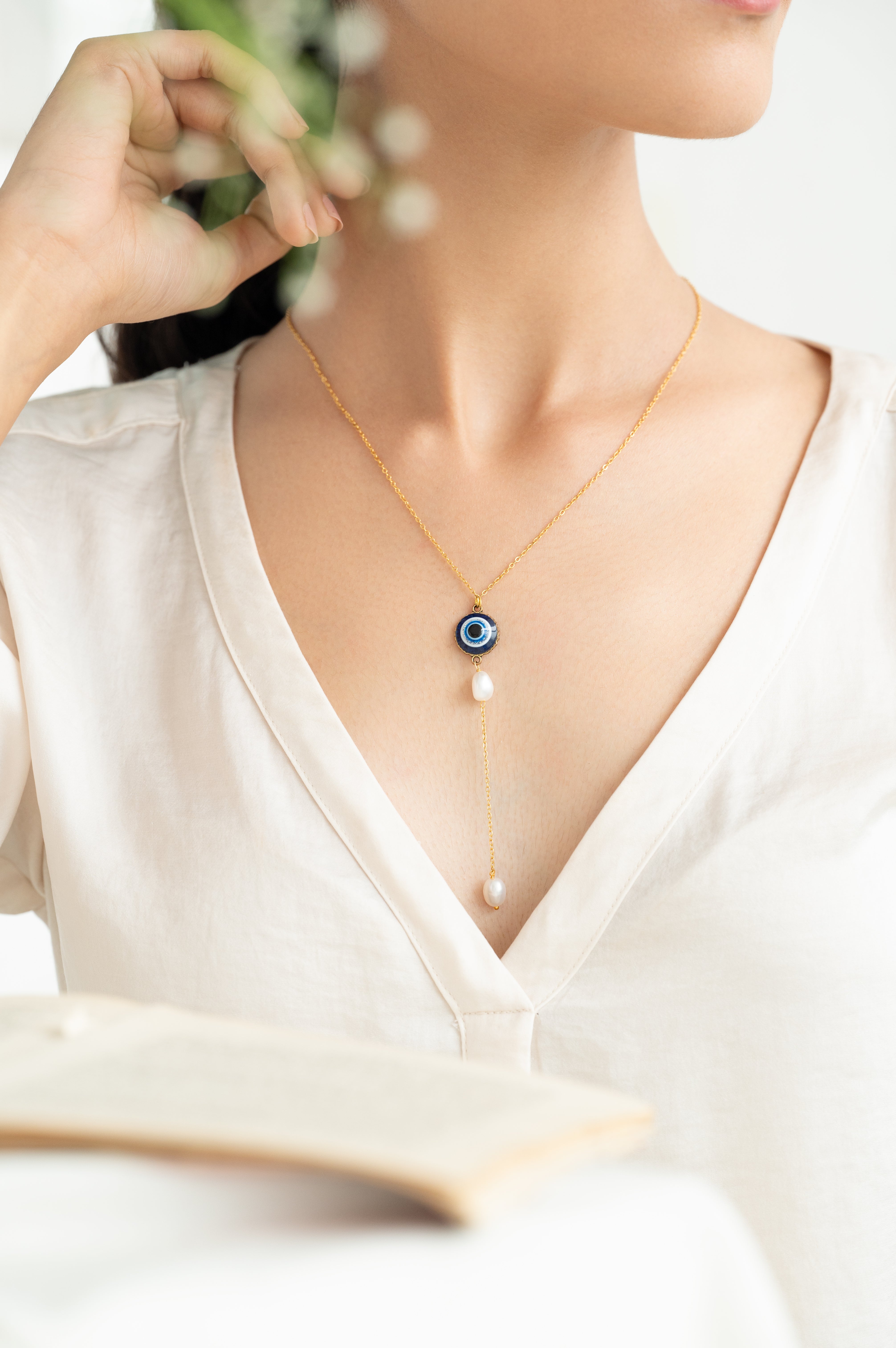 Gold Evil Eye Necklace with Pearl Drops