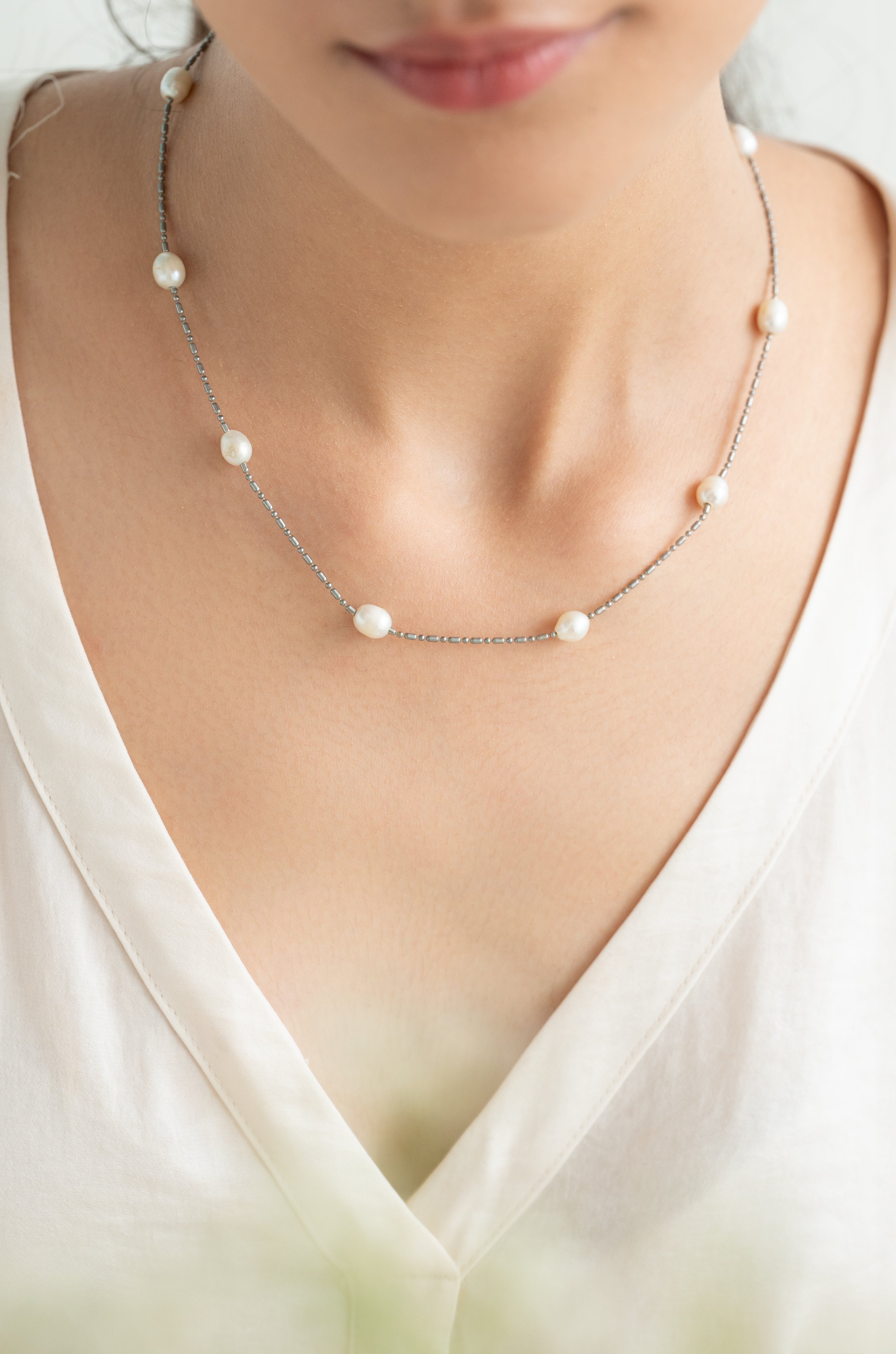 Elegant Silver Chain Necklace with Freshwater Pearls