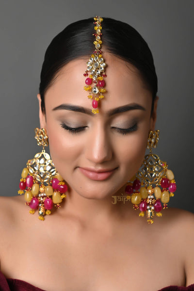 22k Gold Plated Kundan Earring And Tikka Set With Freesize Ring