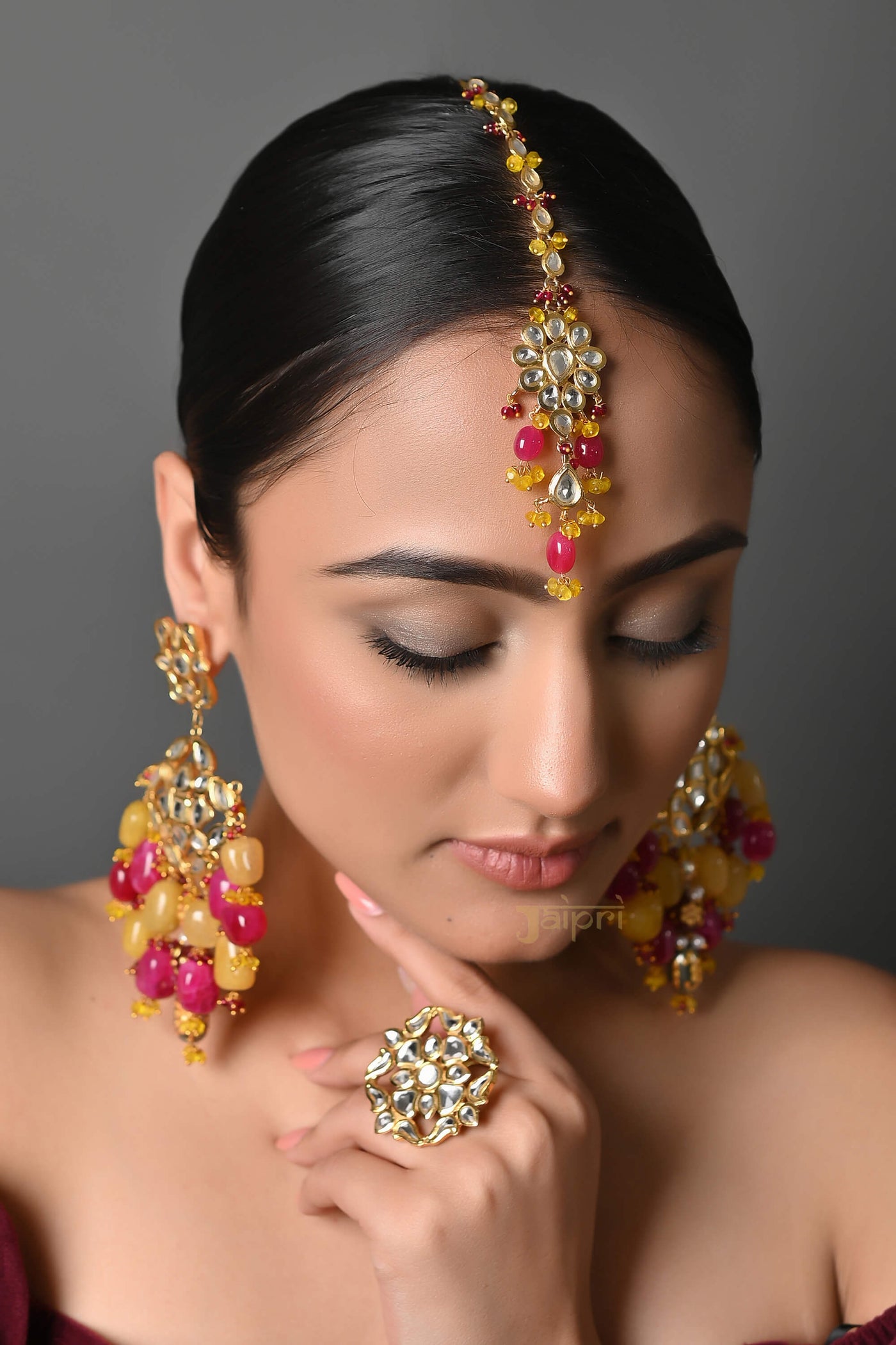 22k Gold Plated Kundan Earring And Tikka Set With Freesize Ring