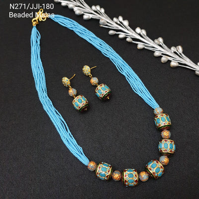 Turquoise Traditional Jadau Beads Necklace With Earrings