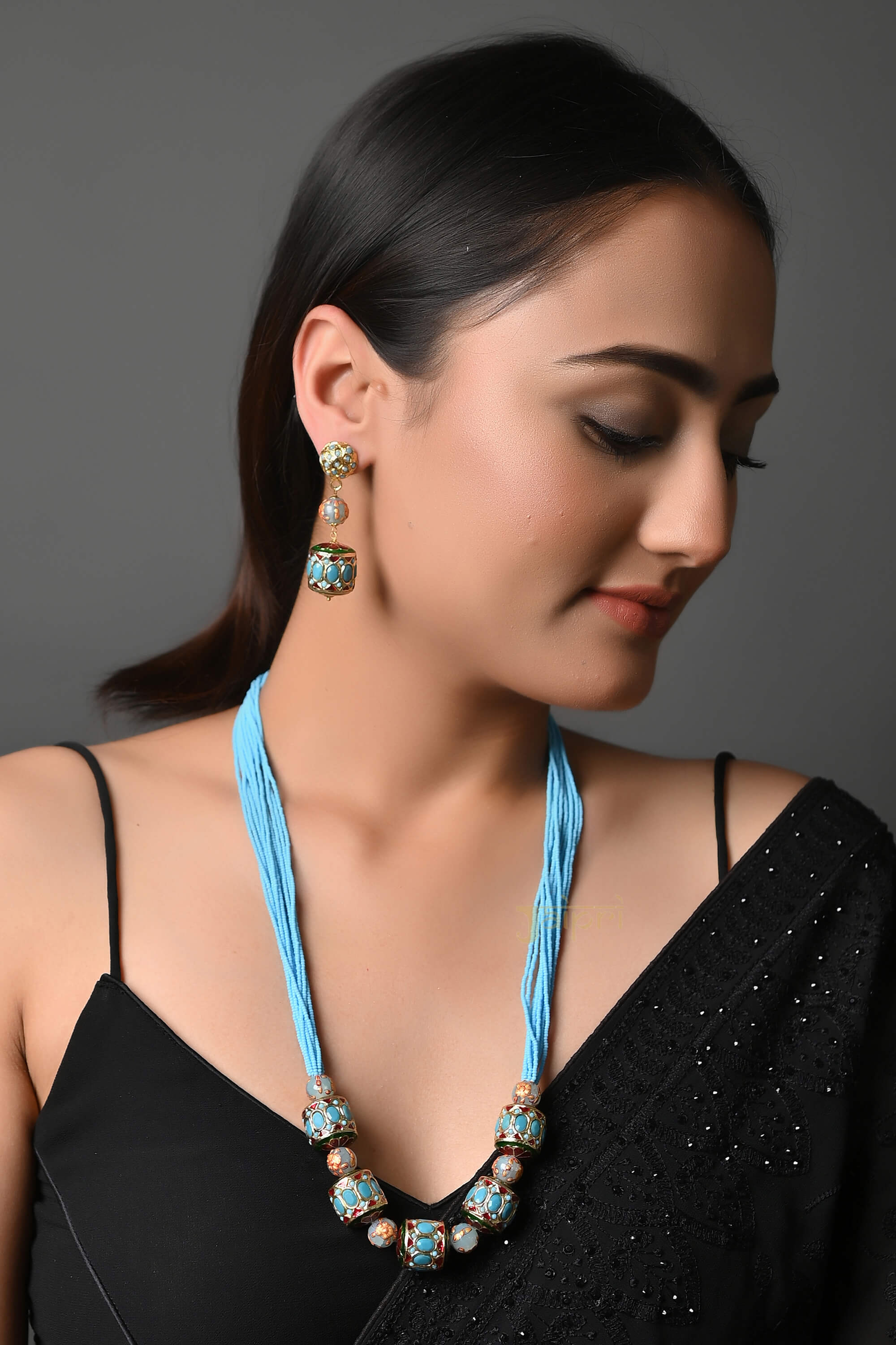Turquoise Traditional Jadau Beads Necklace With Earrings