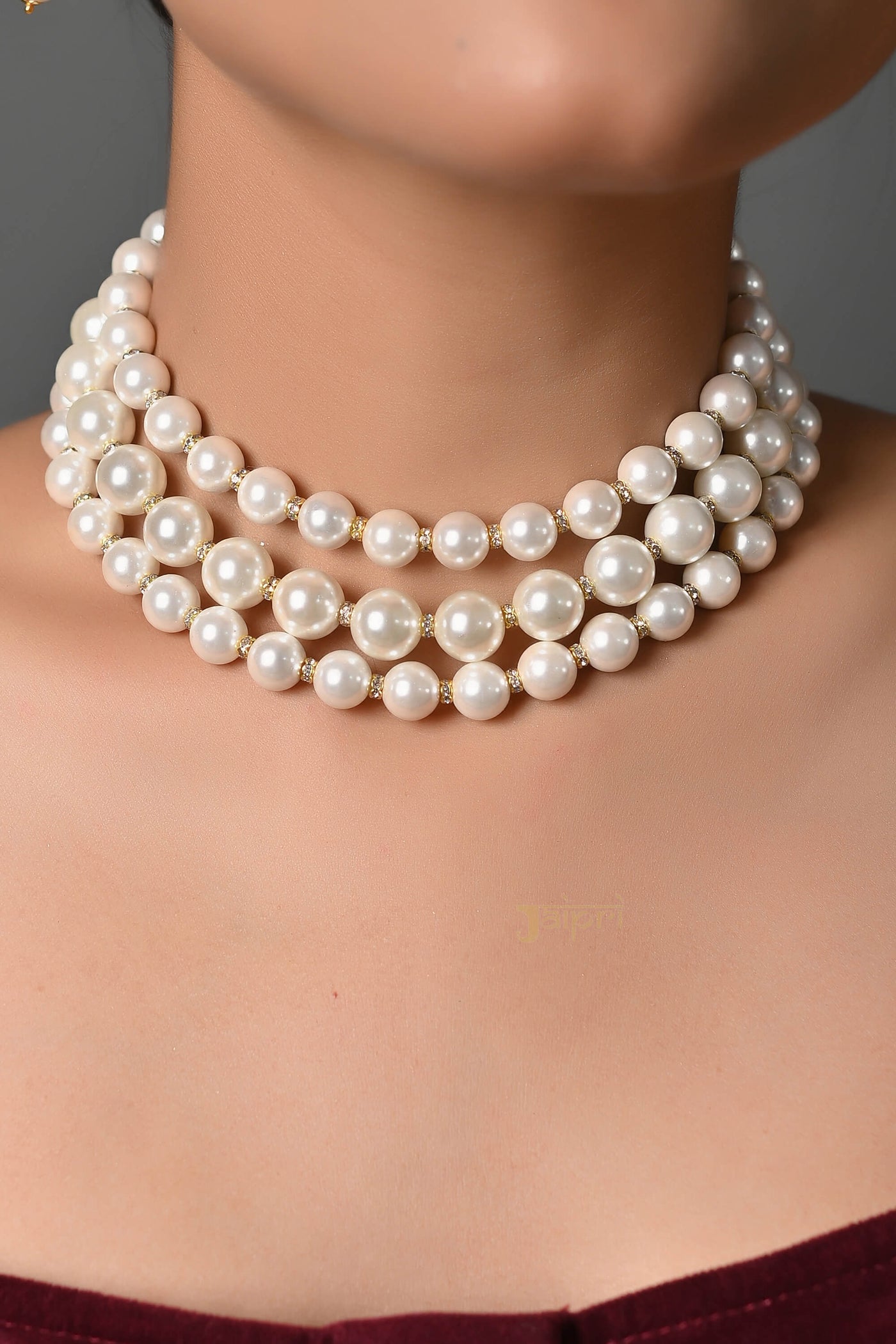 Multilayered Pearl Choker Necklace With Earrings
