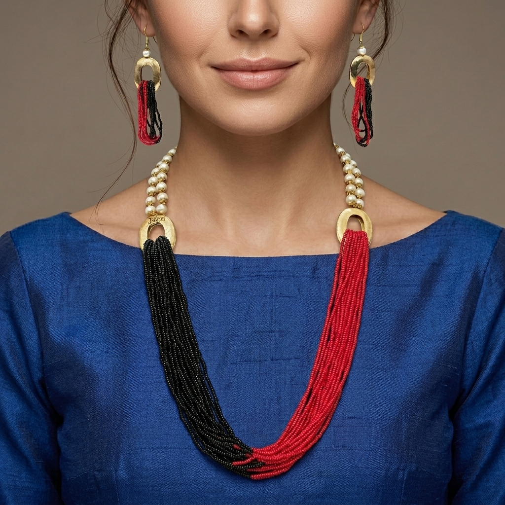 Adorable Black & Red Beads Stone Combination Necklace With Earrings