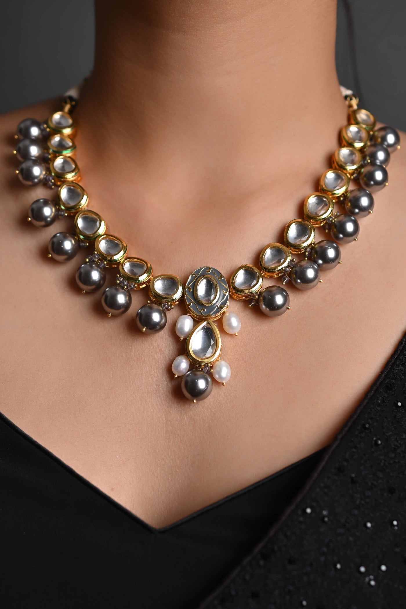 Tear-Drop Kundan & Pearl Beads Stone Gold Necklace With Earrings