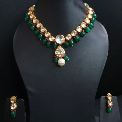 Kundan Necklace With Emerald Color Stone Beading
