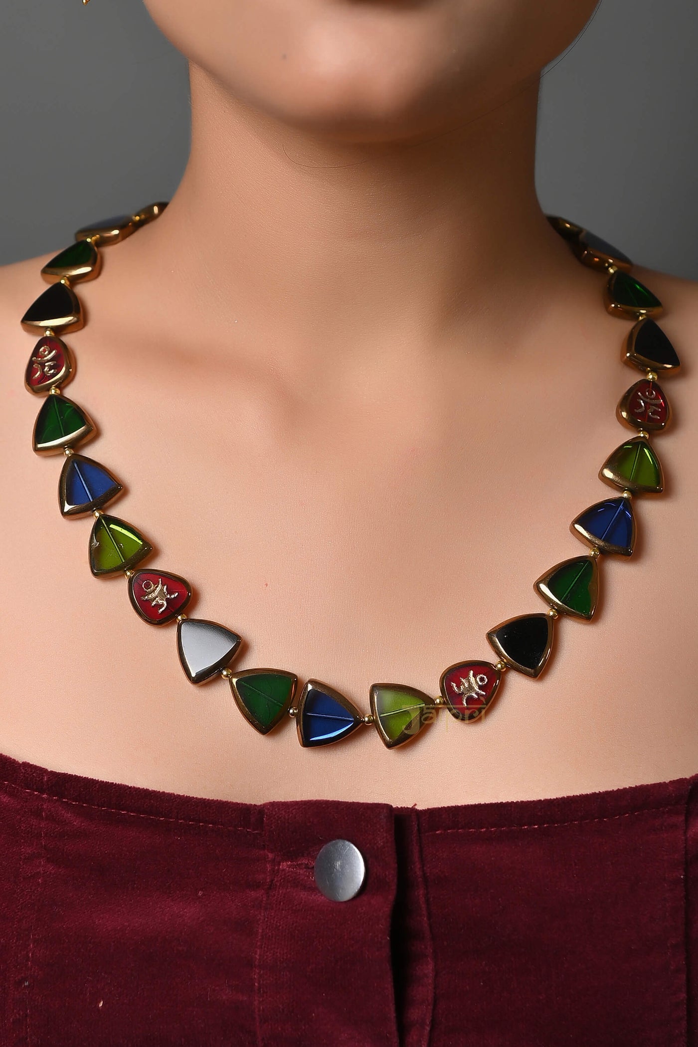 Multi Color Triangle Shape Necklace With Earrings