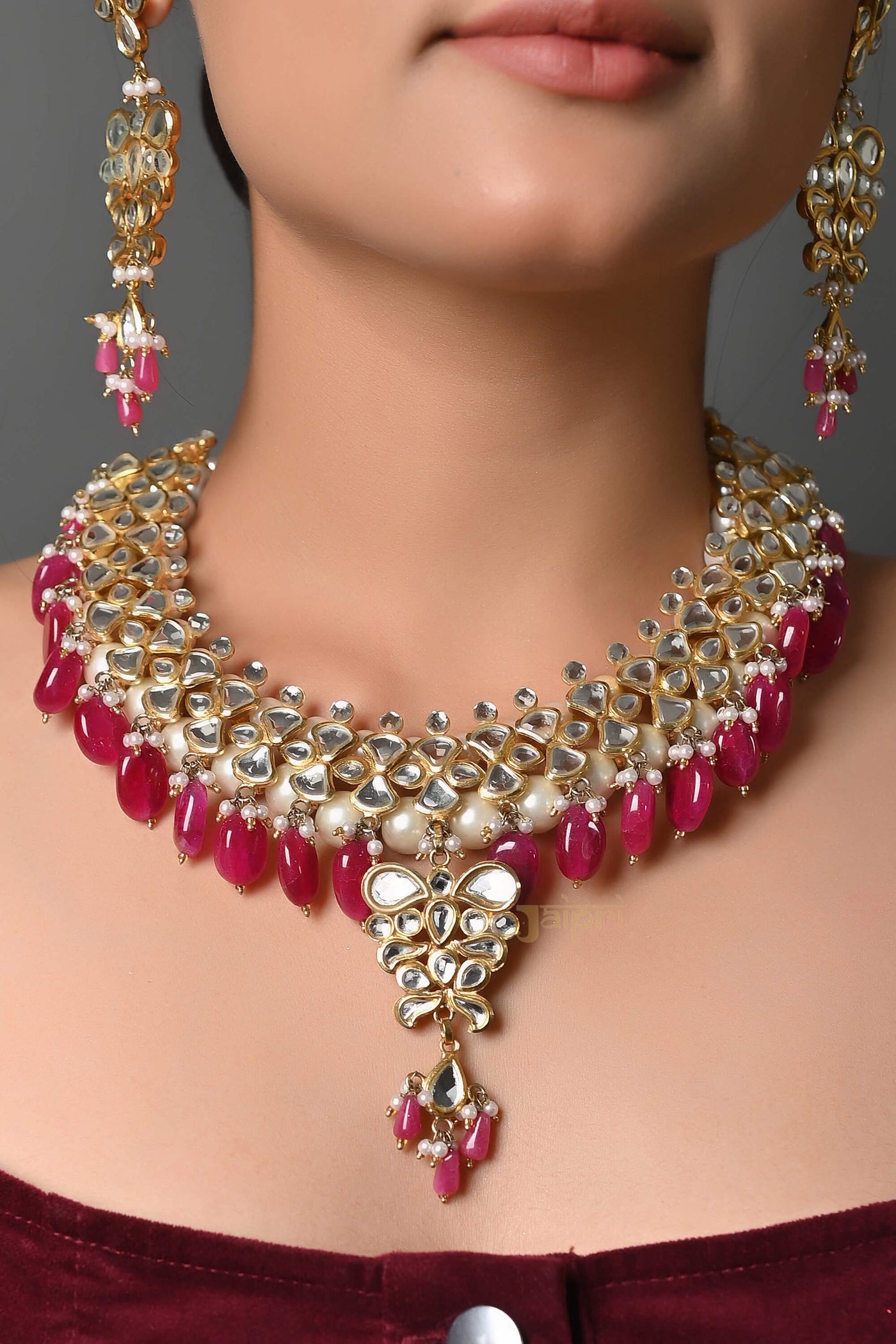 22k Gold Plated Kundan Necklace With Earrings And Bangles