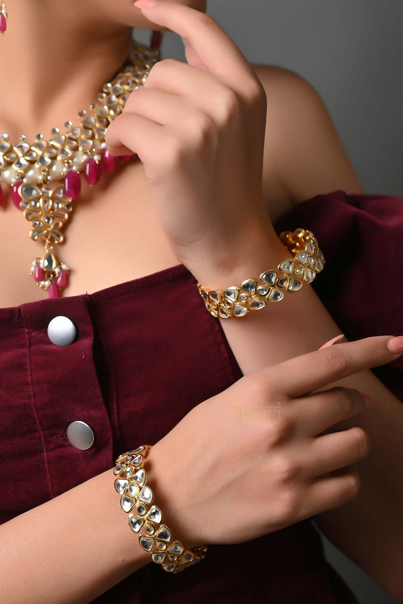 22k Gold Plated Kundan Necklace With Earrings And Bangles