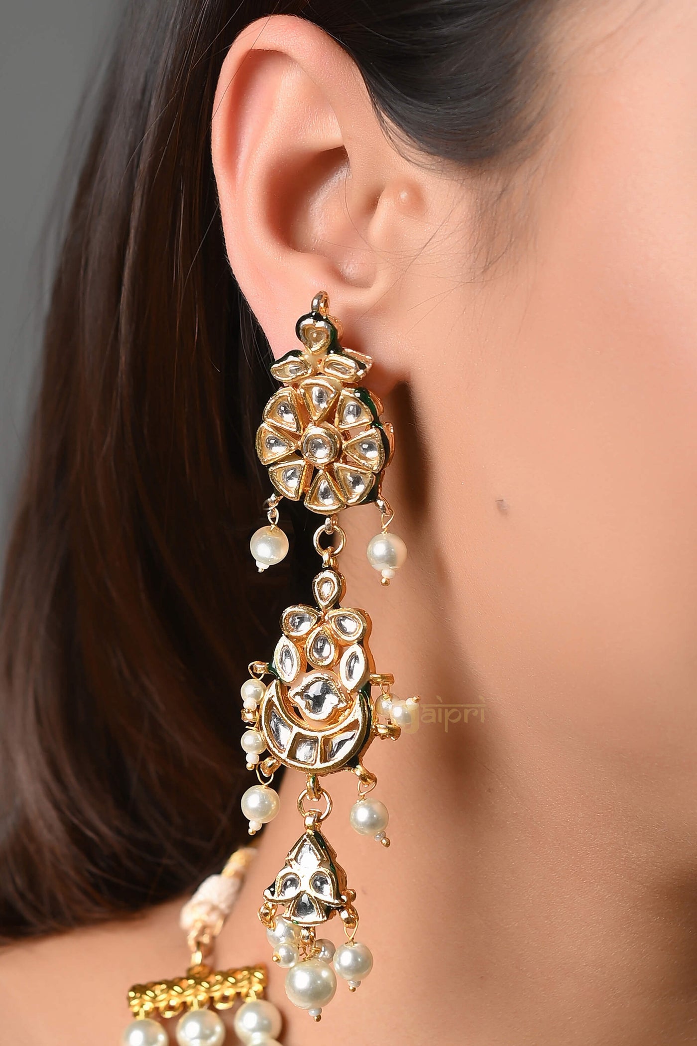 Pearl Beads Stone & Kundan Gold Pendant With Earrings