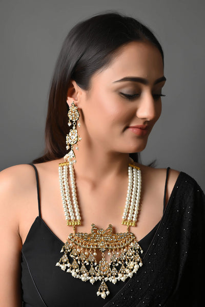 Pearl Beads Stone & Kundan Gold Pendant With Earrings