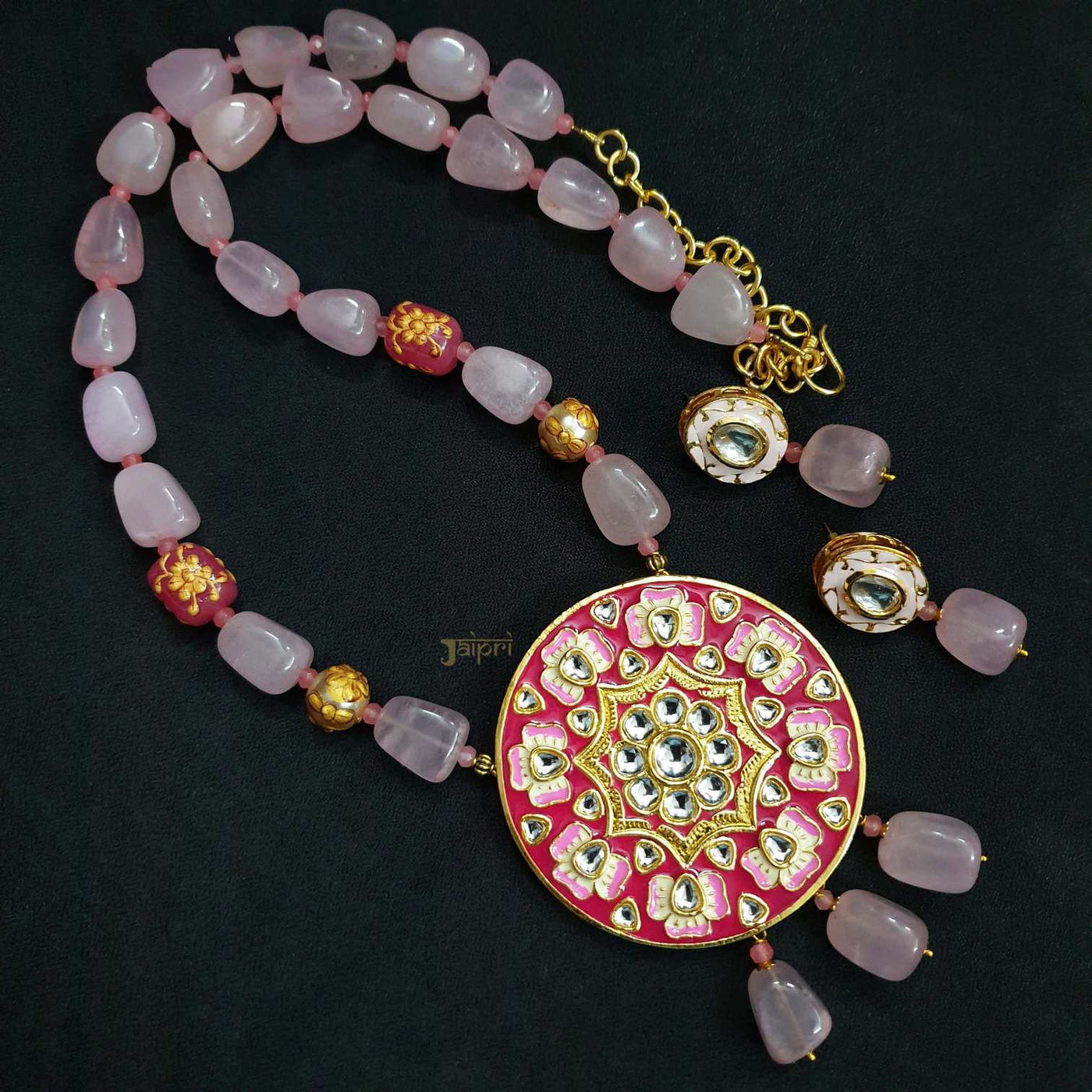 Rose Quartz Beads Stone Meenakari Pendant With Earrings