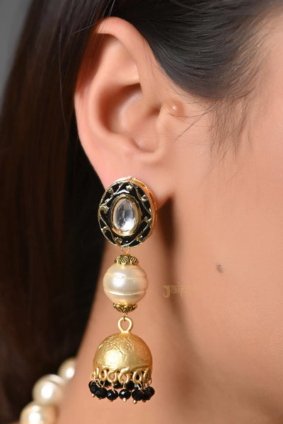 Floral Black & Pearl Beads Stone Fusion Statement Pendant With Jhumki Earrings