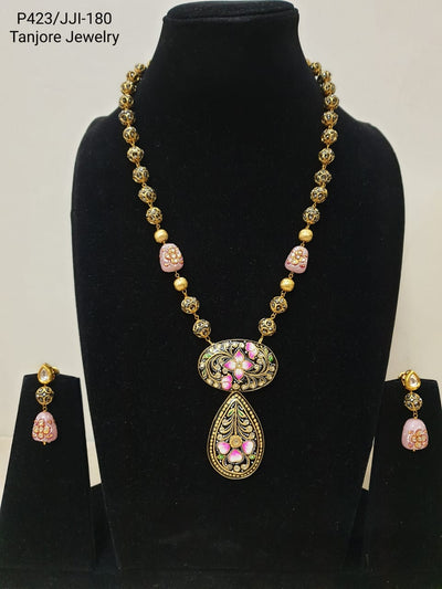 Tanjore Antique Beads Pendant Set With Earrings