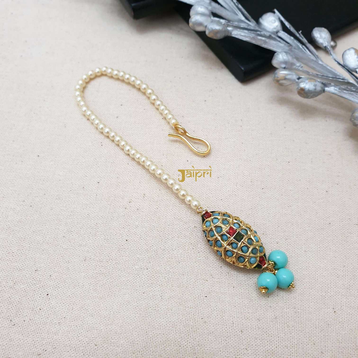 Pearl Beads & Turquoise Stone Maang Tikka