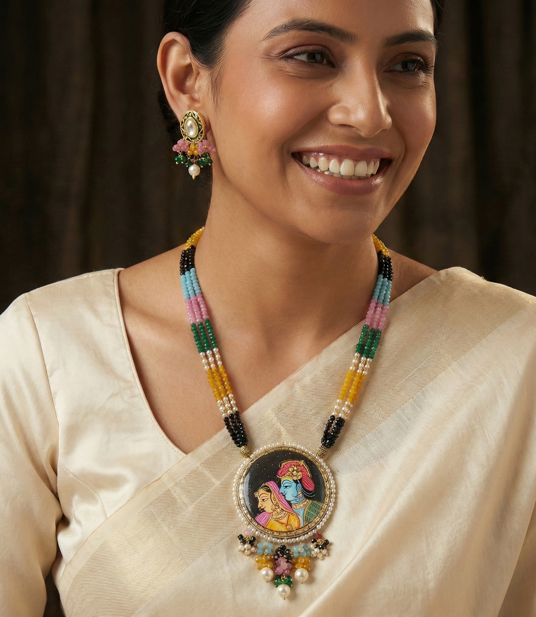 Multi Stone Handpainted Radha Krishna Set With Earrings