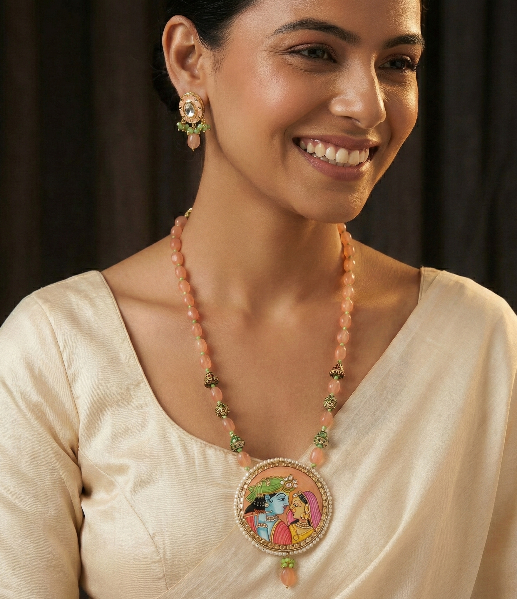 Peach Stone Handpainted Radha Krishna Set With Earrings