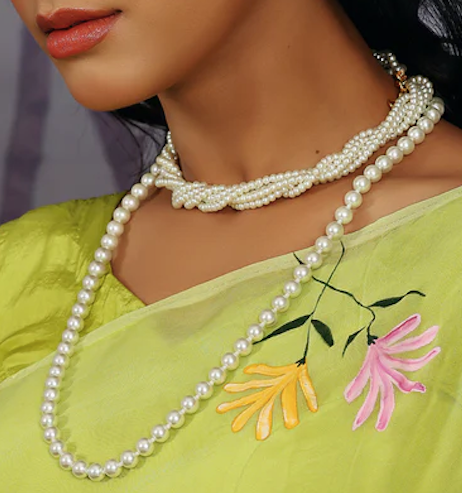 Layered Pearl Choker and Long Necklace with Bracelet