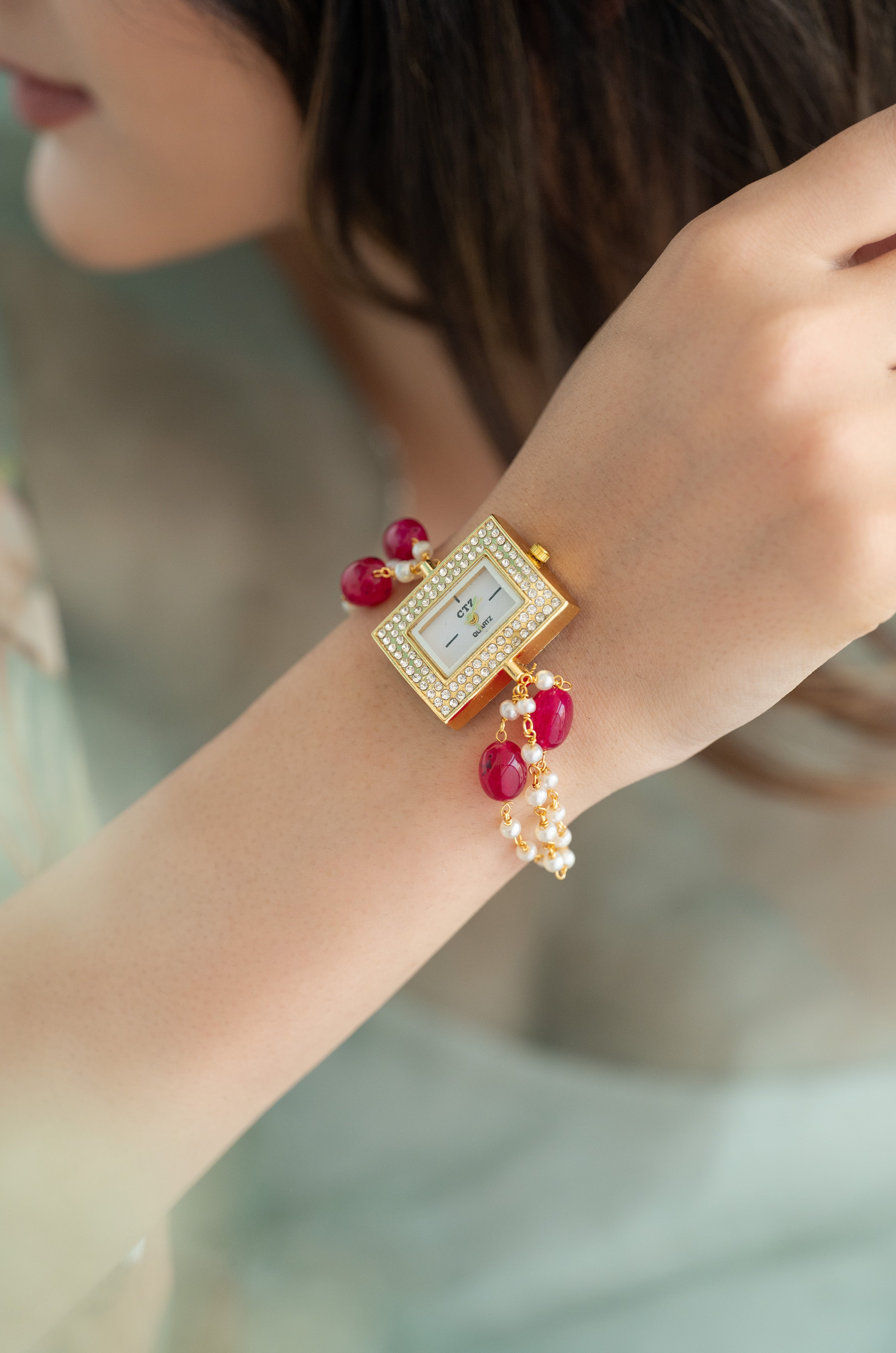 Luxury Gold Plated Rectangular Pearl and Ruby Beaded Wrist Watch