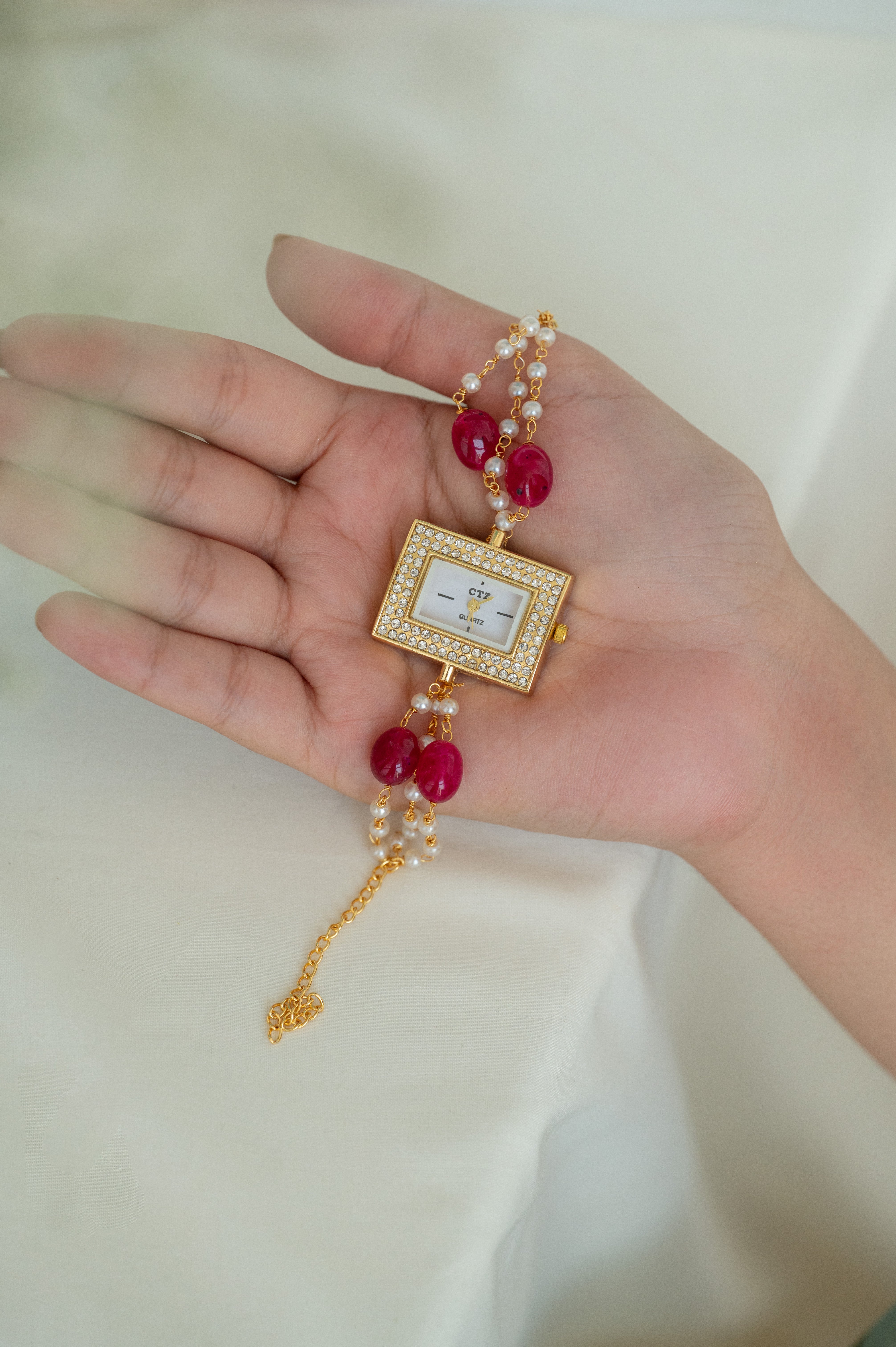 Luxury Gold Plated Rectangular Pearl and Ruby Beaded Wrist Watch