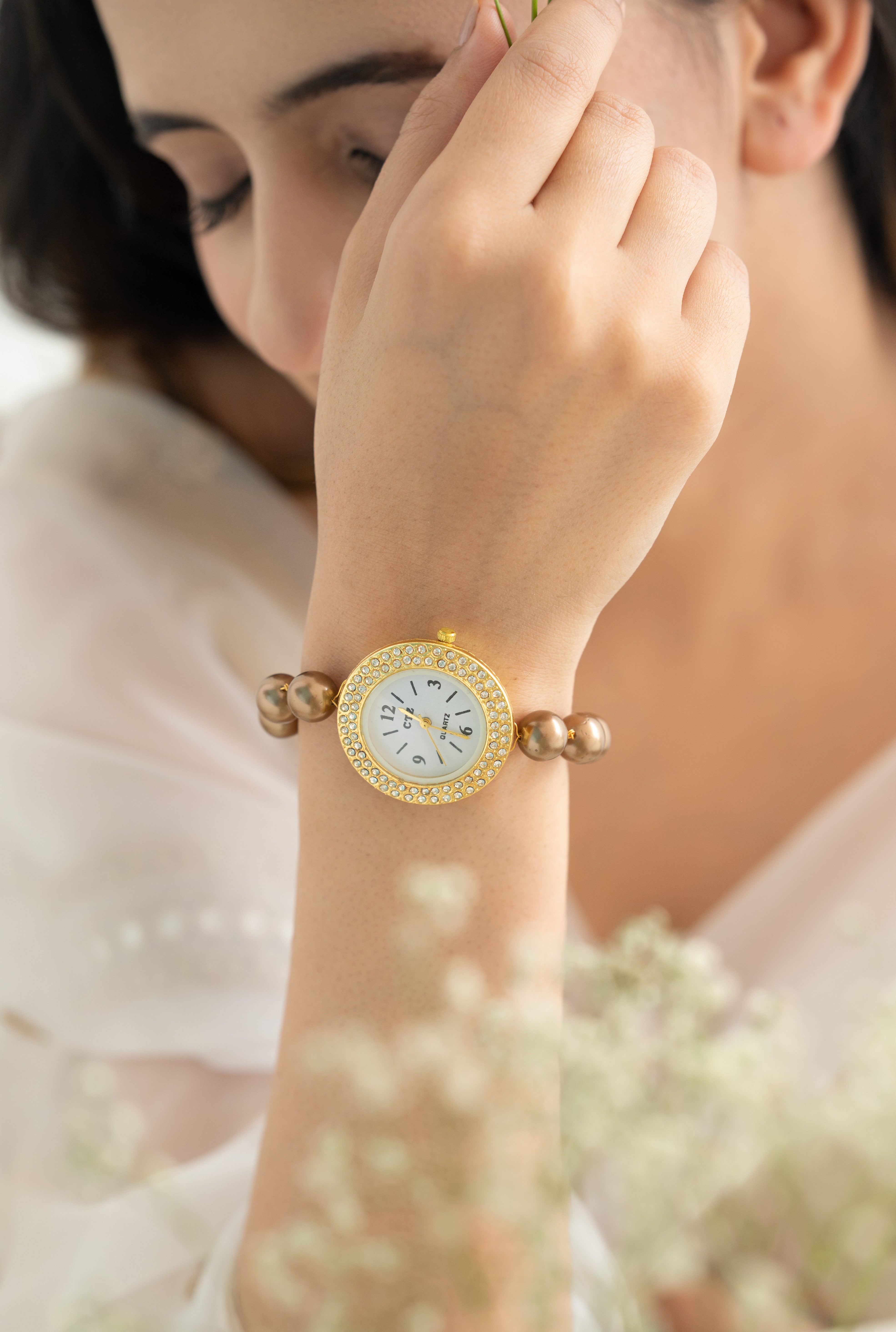 Elegant Brown Pearl Beaded Gold-Plated Women’s Wrist Watch