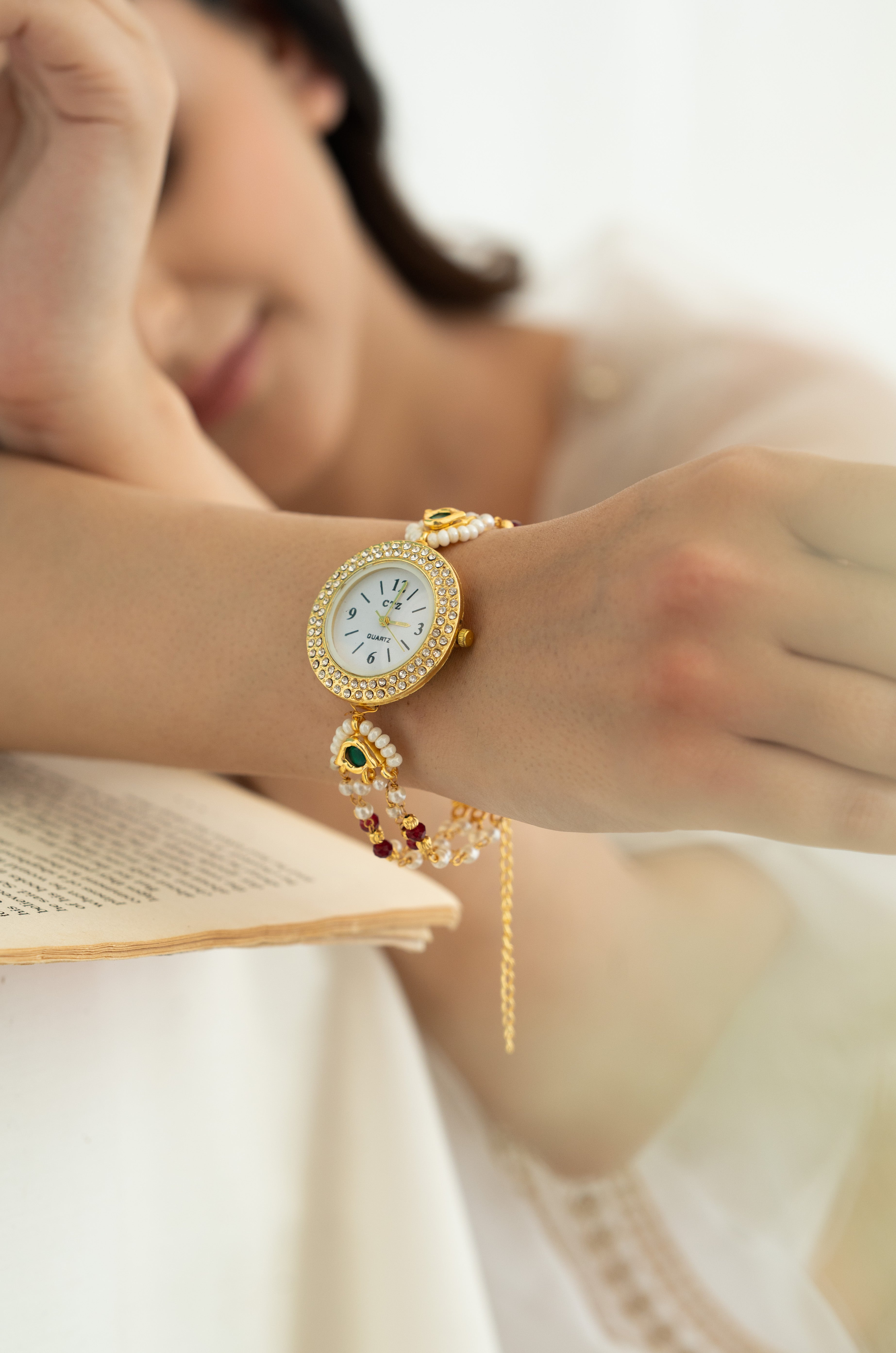 Gold Plated Round Dial Wrist Watch with Multi Stones