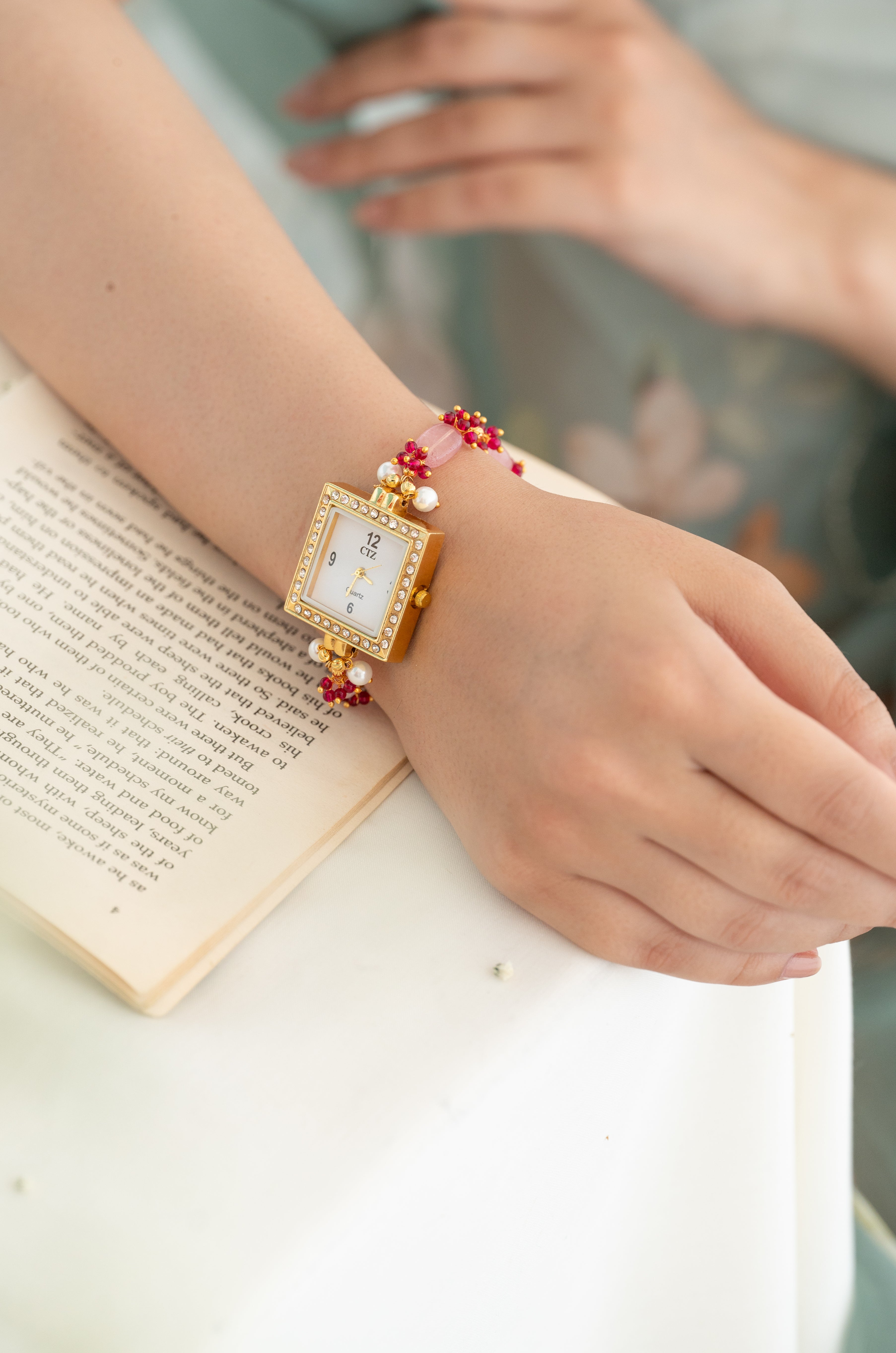 Gold Plated Square Dial Wrist Watch with Pink Beads and Pearls
