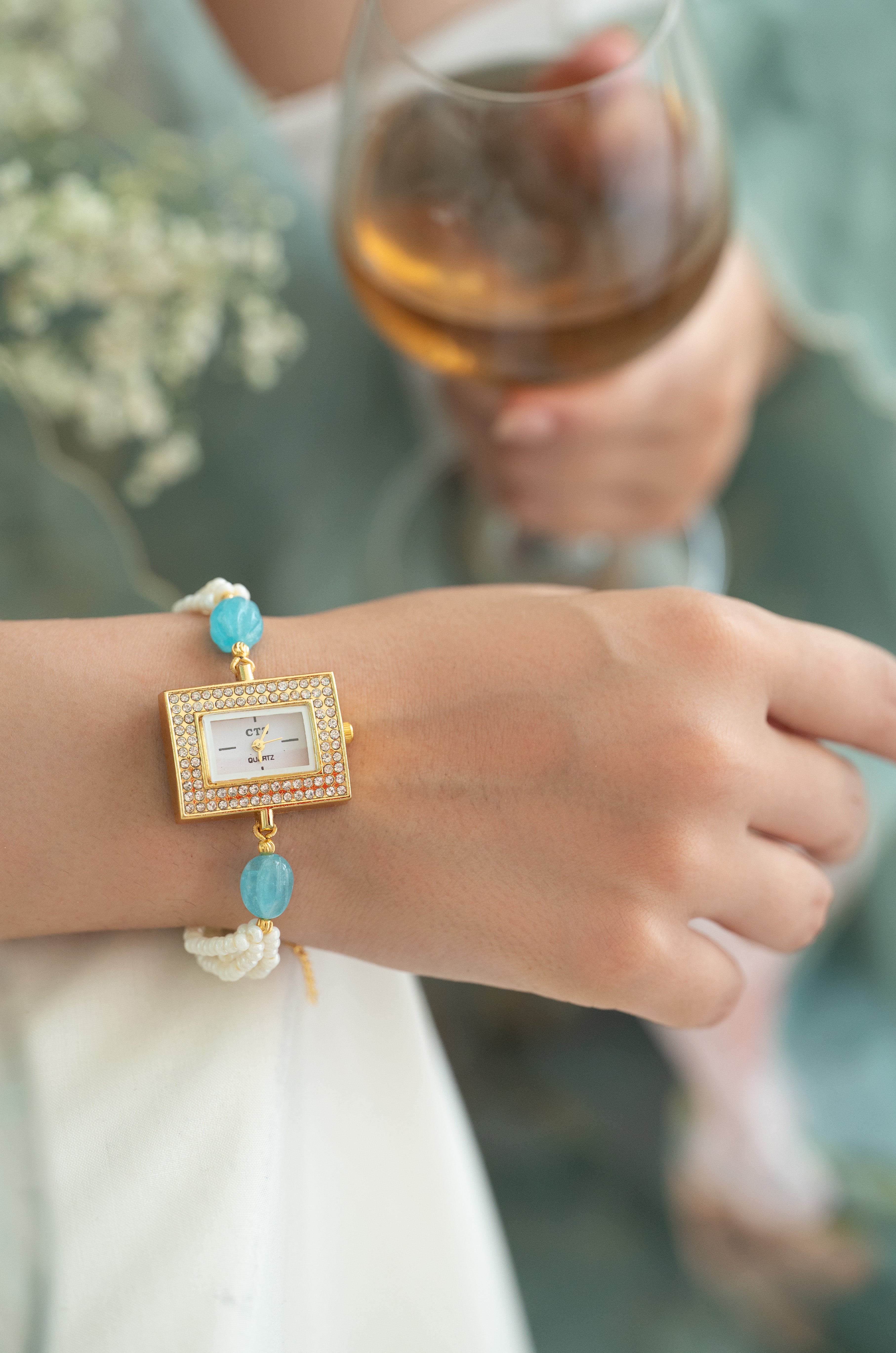 Gold-Plated Rectangular Dial Pearl Watch with Blue Beads