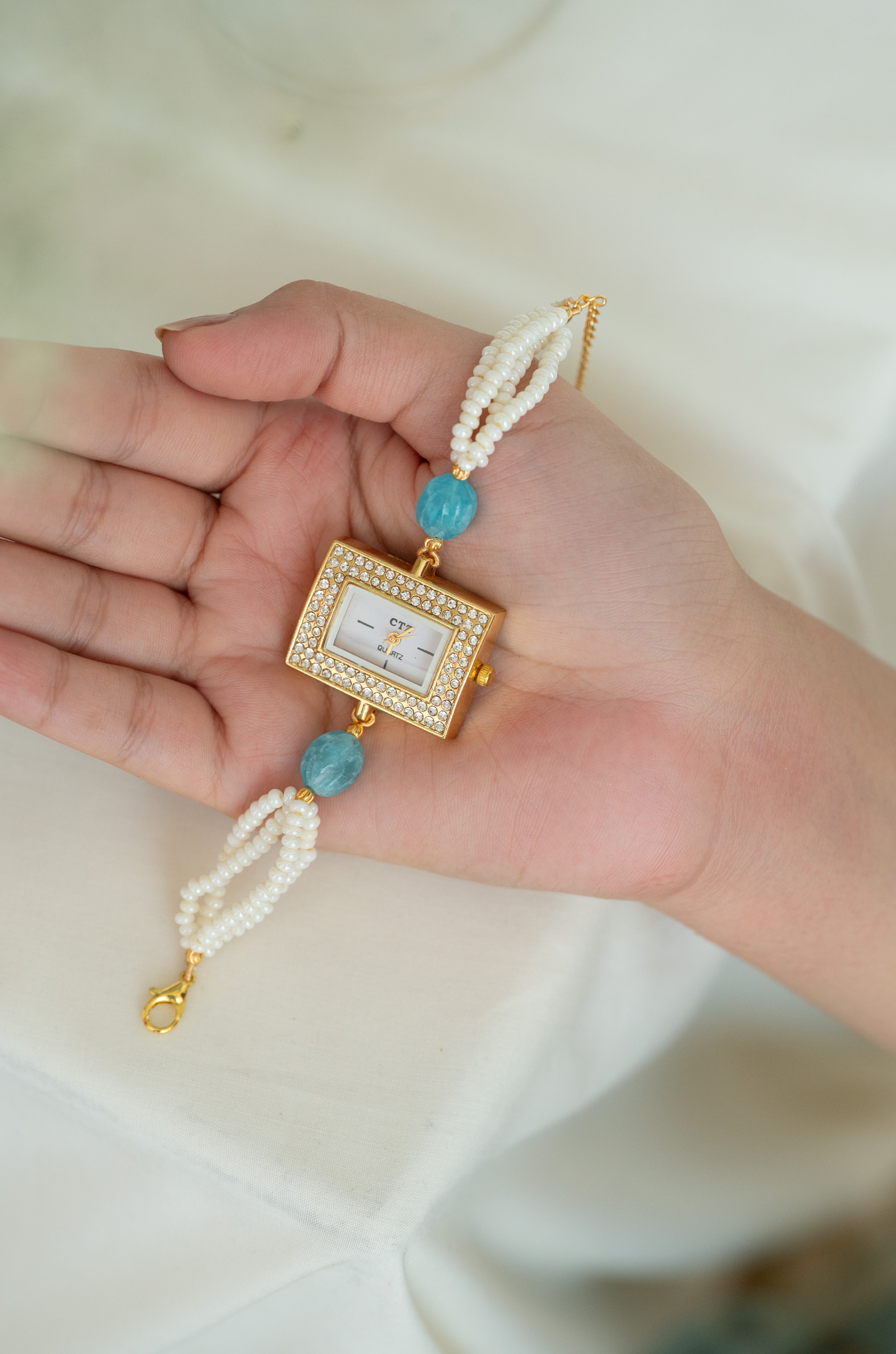 Gold-Plated Rectangular Dial Pearl Watch with Blue Beads