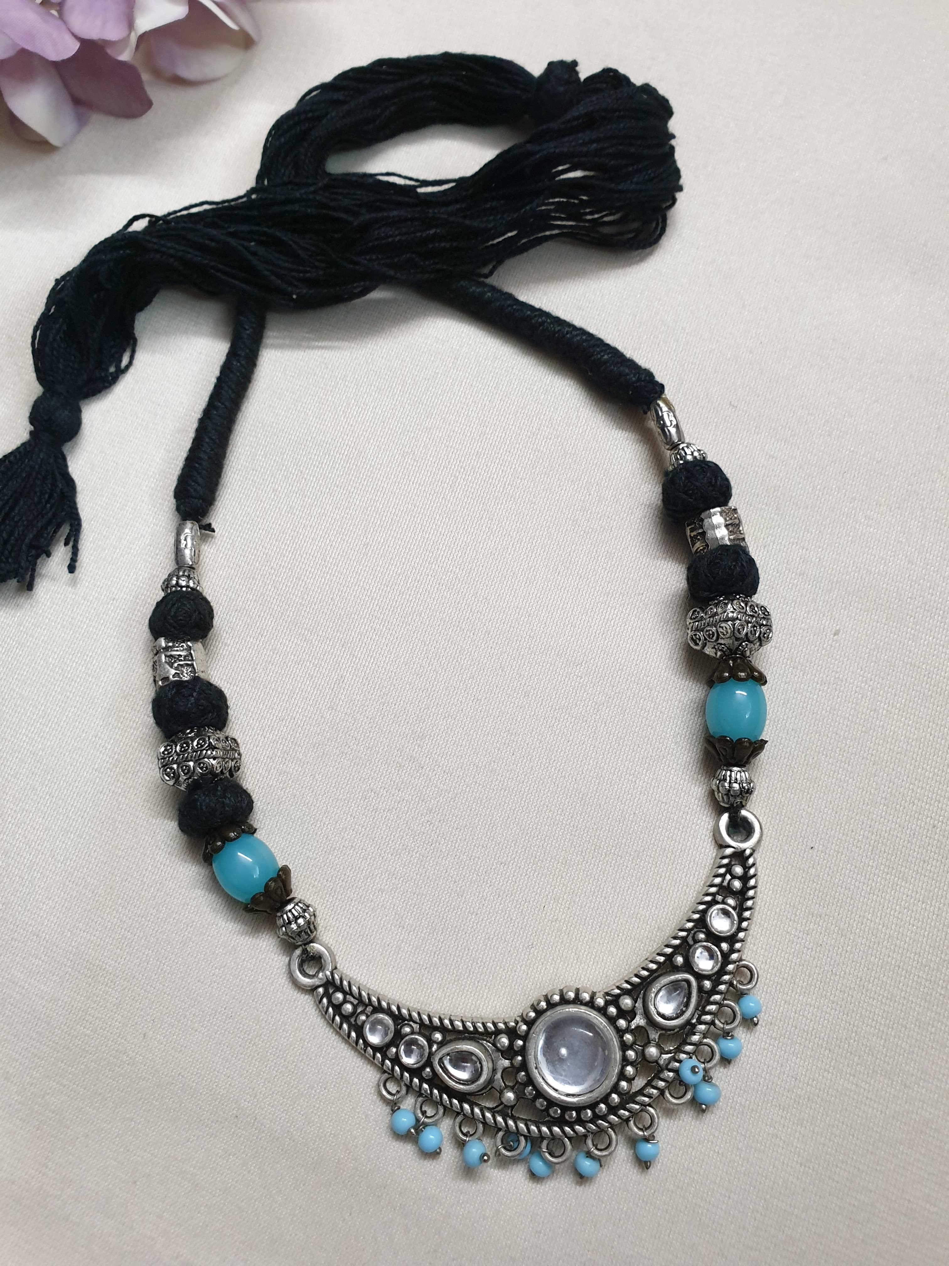 Oxidised Silver Mirror Thread Necklace