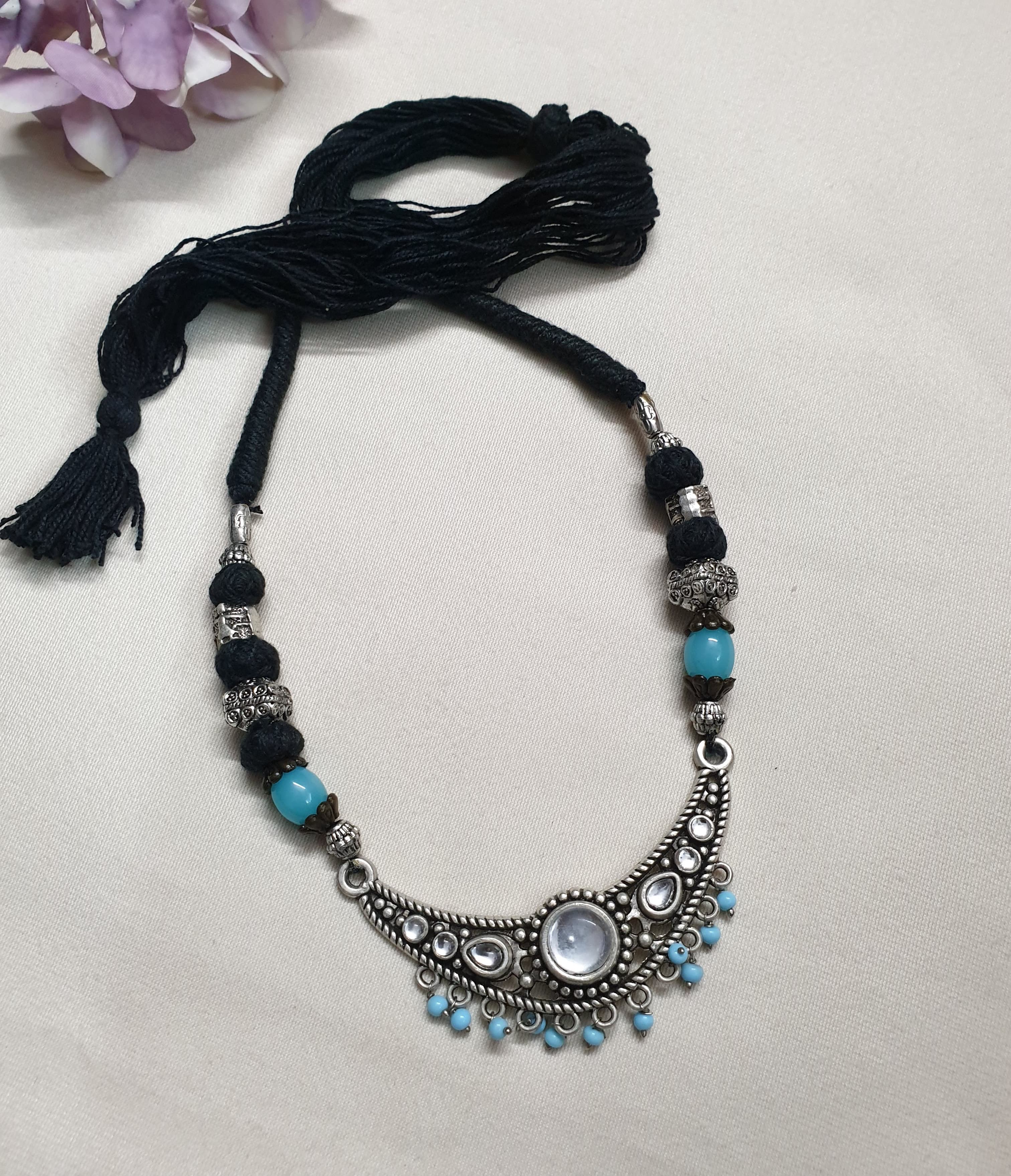 Oxidised Silver Mirror Thread Necklace