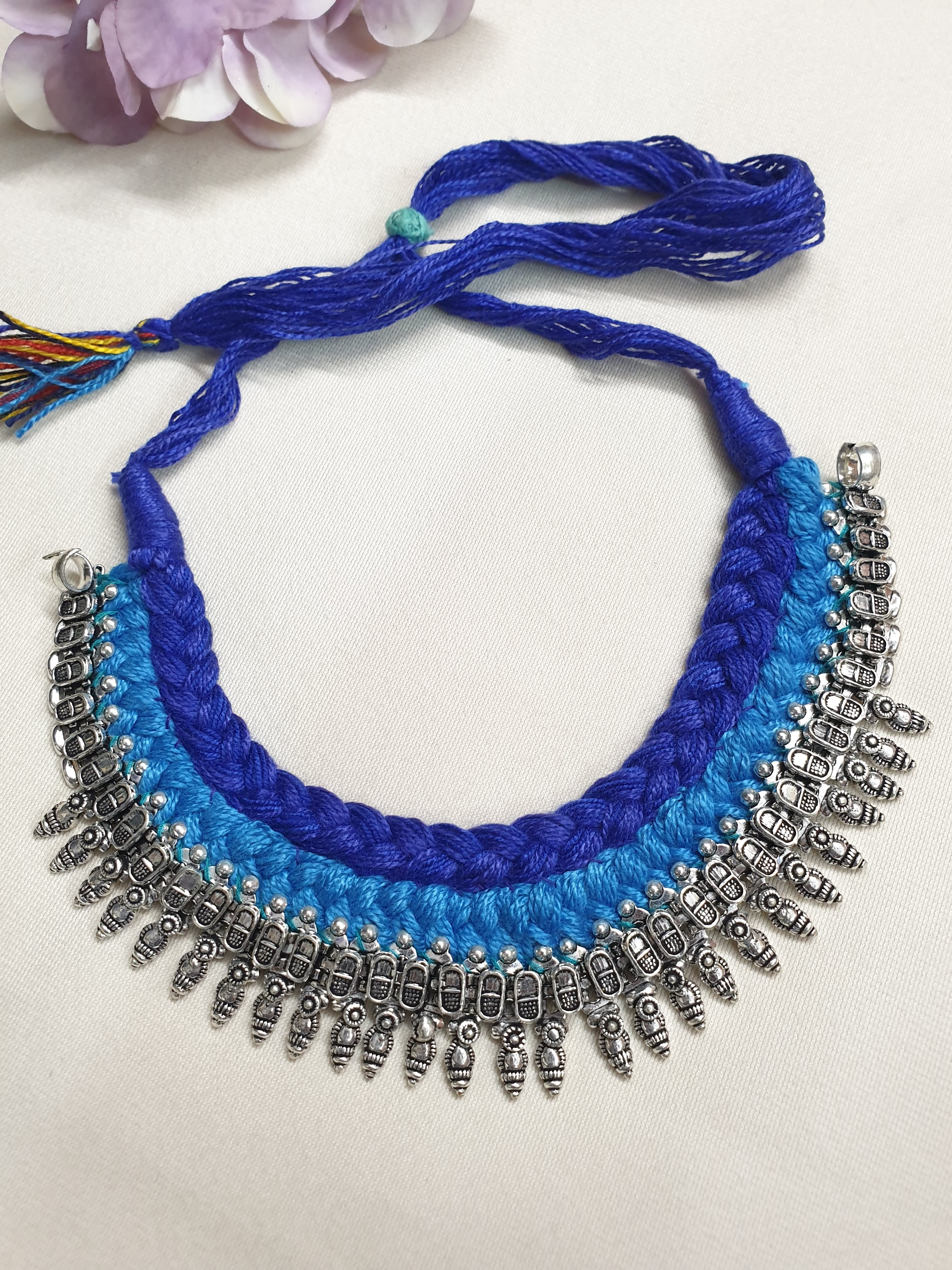 Oxidised Silver Blue Thread Necklace